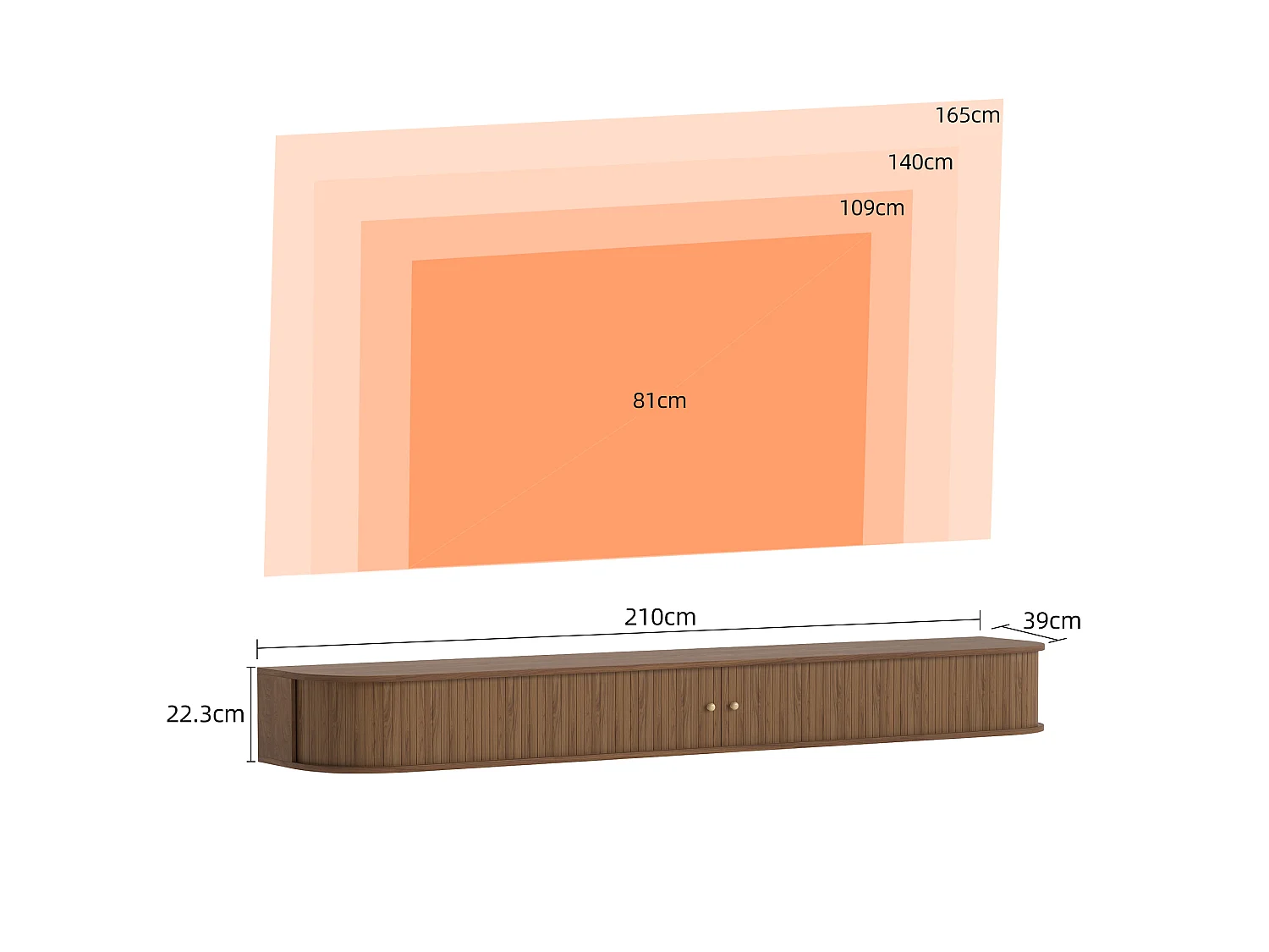 Meuble TV suspendu 210 × 39 × 22,3 cm, meuble TV mural avec portes coulissantes à lamelles et rangement caché, meuble TV flottant marron pour salon