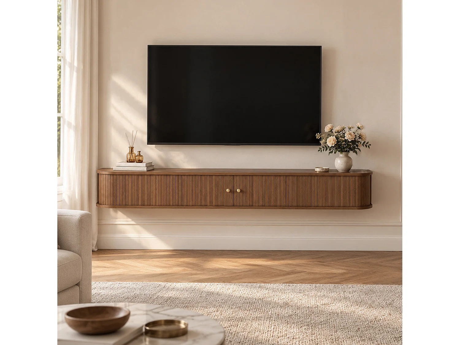 Meuble TV suspendu 210 × 39 × 22,3 cm, meuble TV mural avec portes coulissantes à lamelles et rangement caché, meuble TV flottant marron pour salon