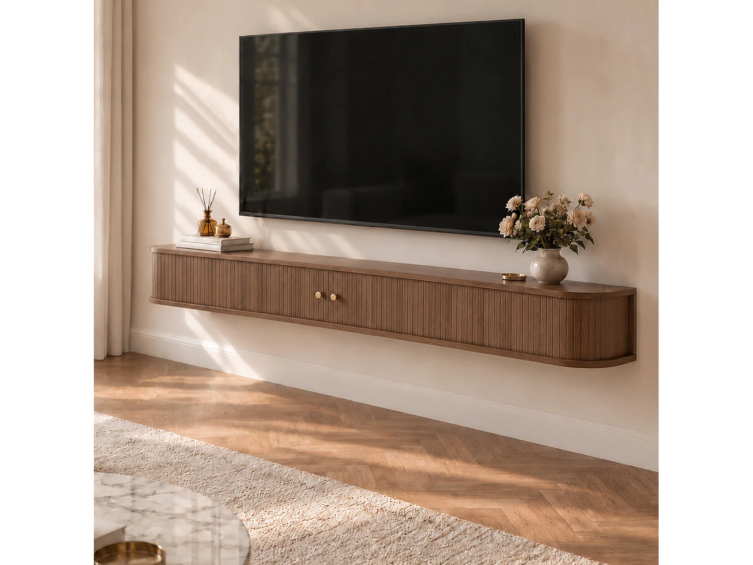 Meuble TV suspendu 210 × 39 × 22,3 cm, meuble TV mural avec portes coulissantes à lamelles et rangement caché, meuble TV flottant marron pour salon