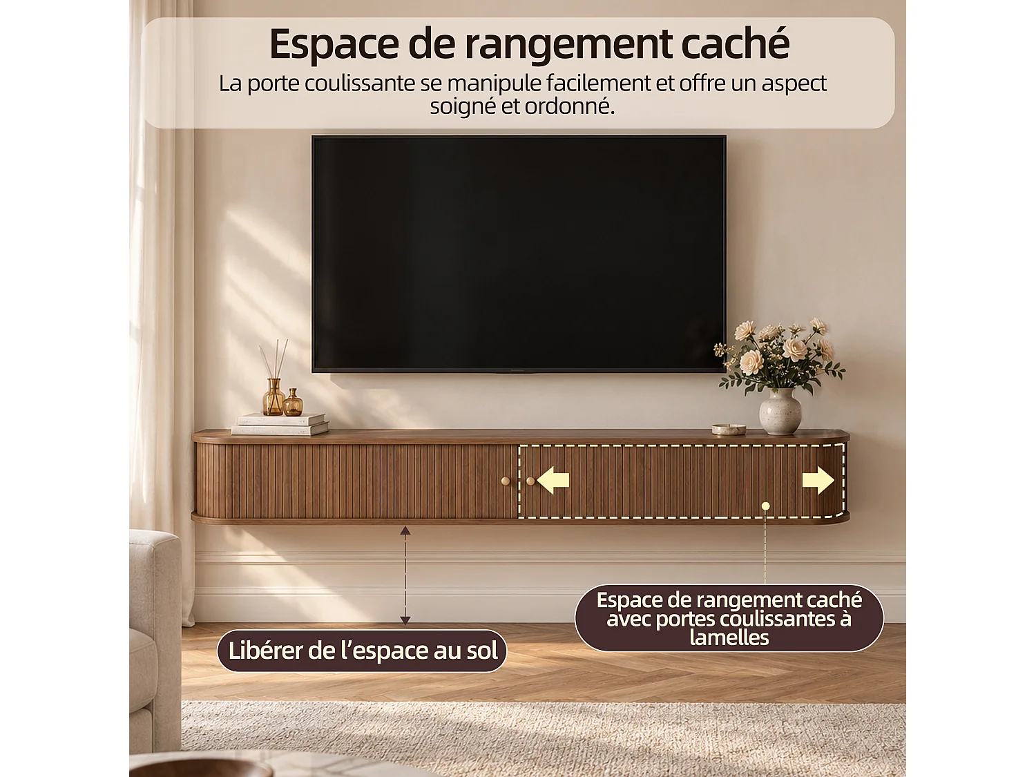 Meuble TV suspendu 210 × 39 × 22,3 cm, meuble TV mural avec portes coulissantes à lamelles et rangement caché, meuble TV flottant marron pour salon