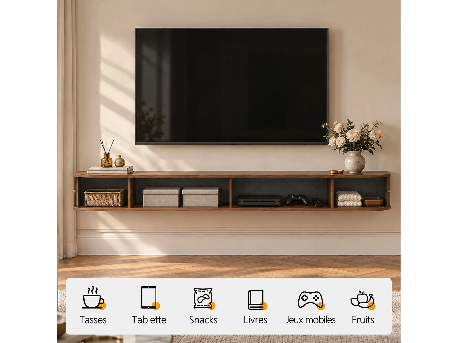 Meuble TV suspendu 210 × 39 × 22,3 cm, meuble TV mural avec portes coulissantes à lamelles et rangement caché, meuble TV flottant marron pour salon