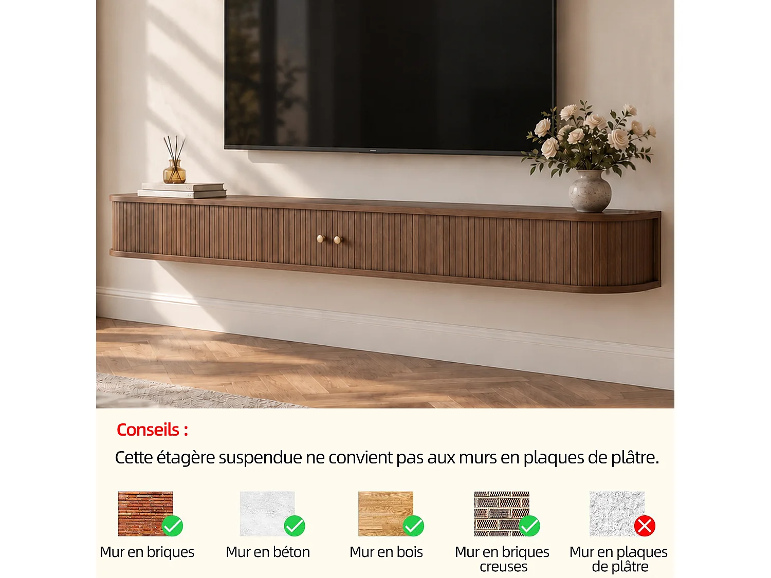 Meuble TV suspendu 210 × 39 × 22,3 cm, meuble TV mural avec portes coulissantes à lamelles et rangement caché, meuble TV flottant marron pour salon