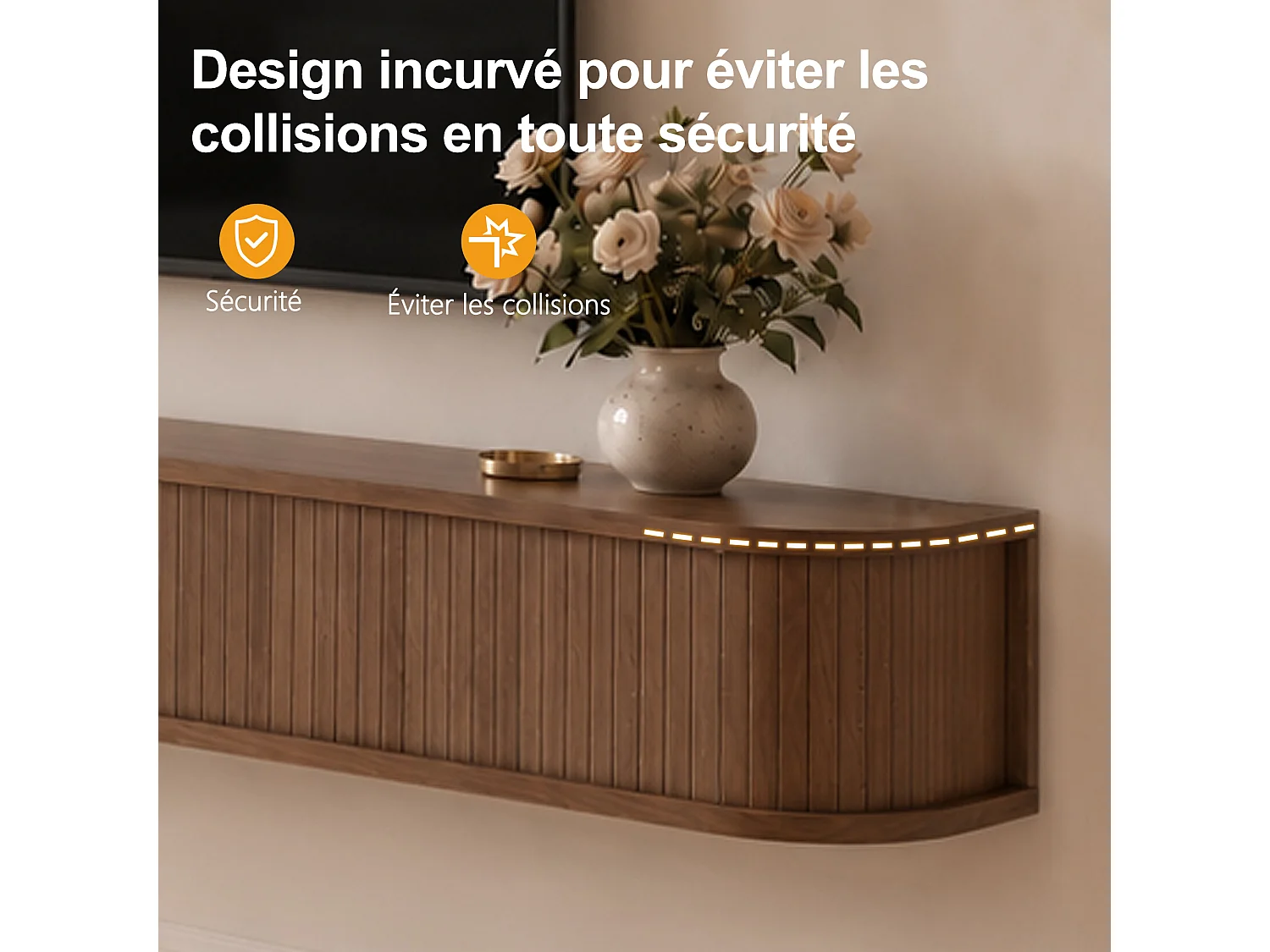 Meuble TV suspendu 210 × 39 × 22,3 cm, meuble TV mural avec portes coulissantes à lamelles et rangement caché, meuble TV flottant marron pour salon