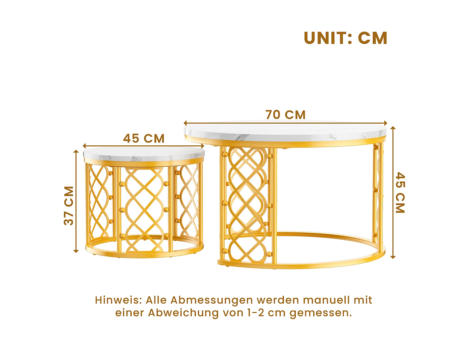 Set de 2 tables basses gigognes en MDF effet marbre blanc et métal