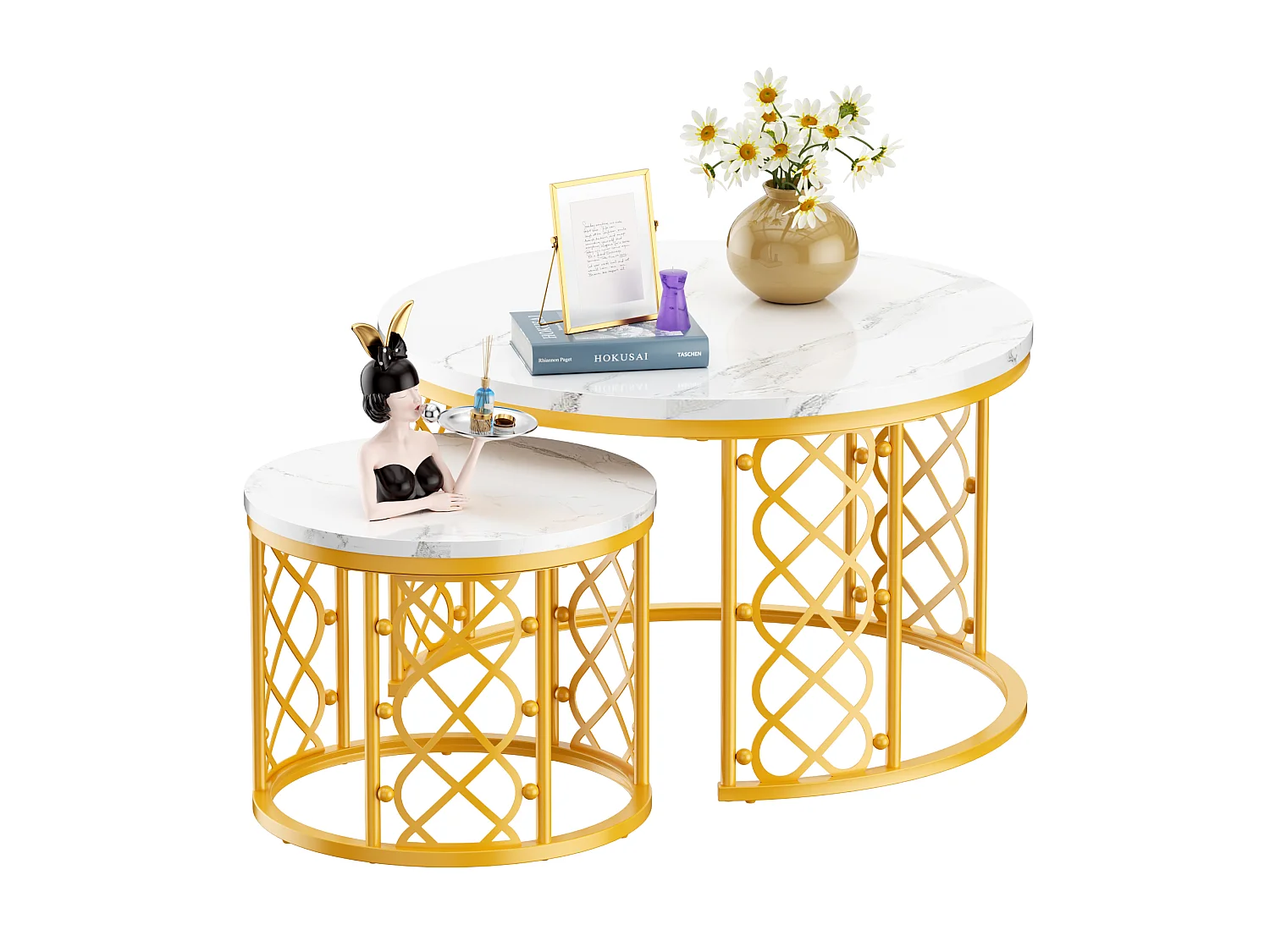 Set de 2 tables basses gigognes en MDF effet marbre blanc et métal