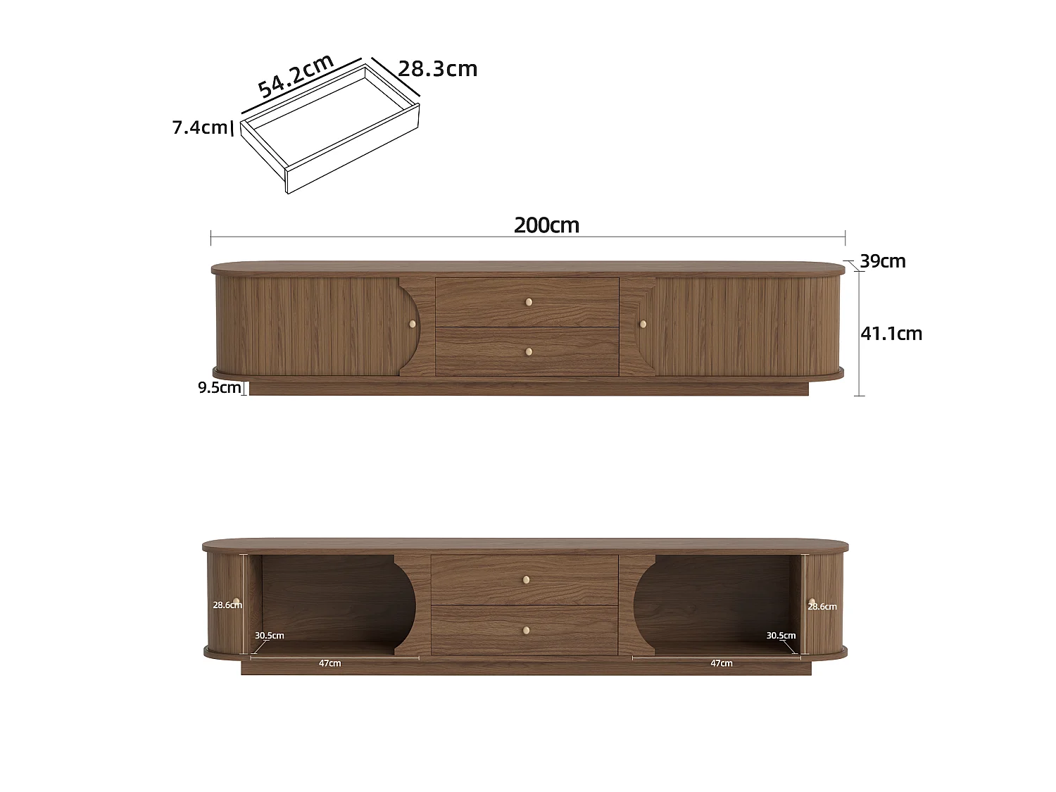 Meuble TV 200 × 39 × 41,1 cm en MDF, avec 2 tiroirs, portes coulissantes incurvées et 2 rangements latéraux, meuble TV marron pour salon