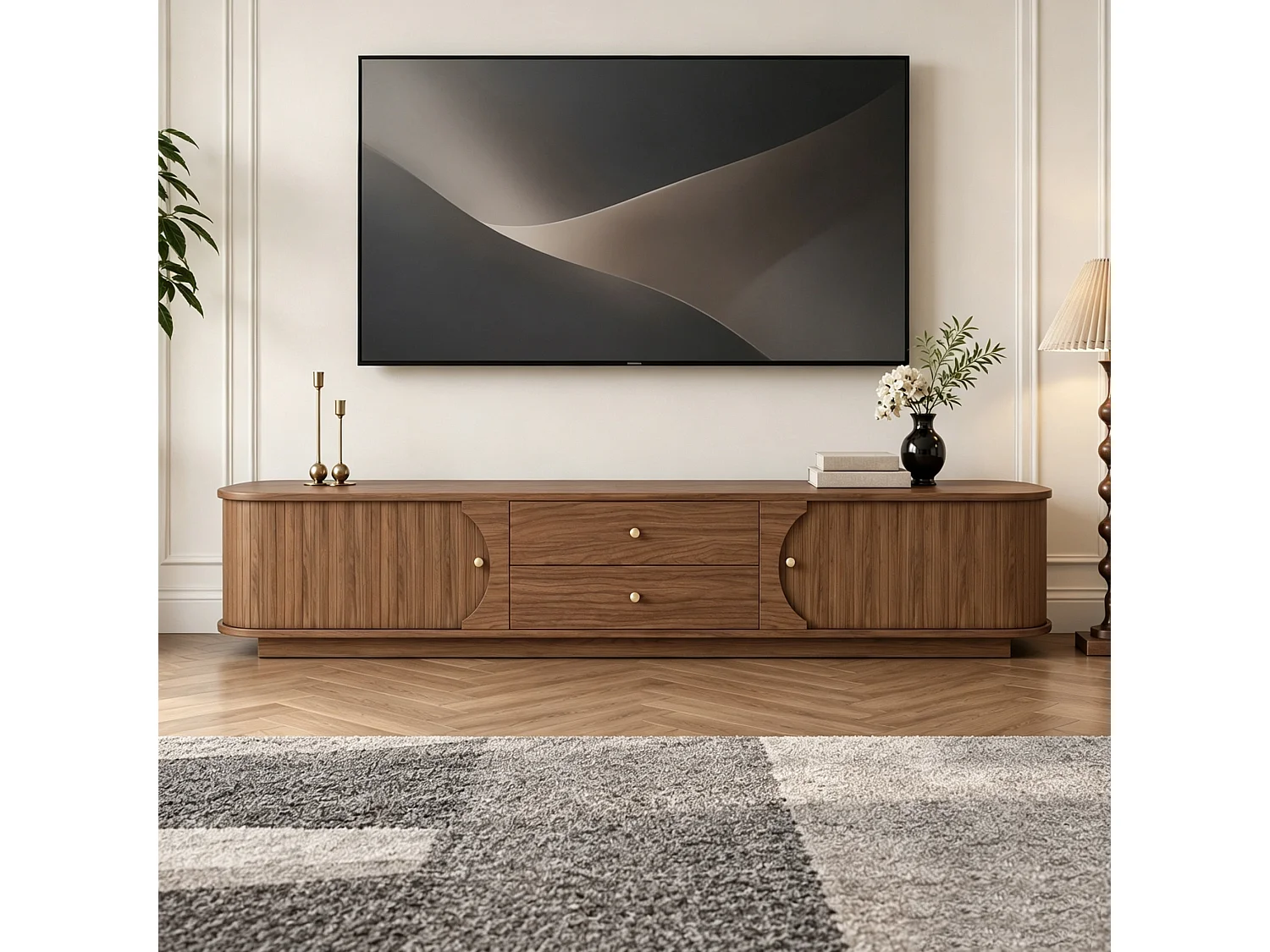Meuble TV 200 × 39 × 41,1 cm en MDF, avec 2 tiroirs, portes coulissantes incurvées et 2 rangements latéraux, meuble TV marron pour salon