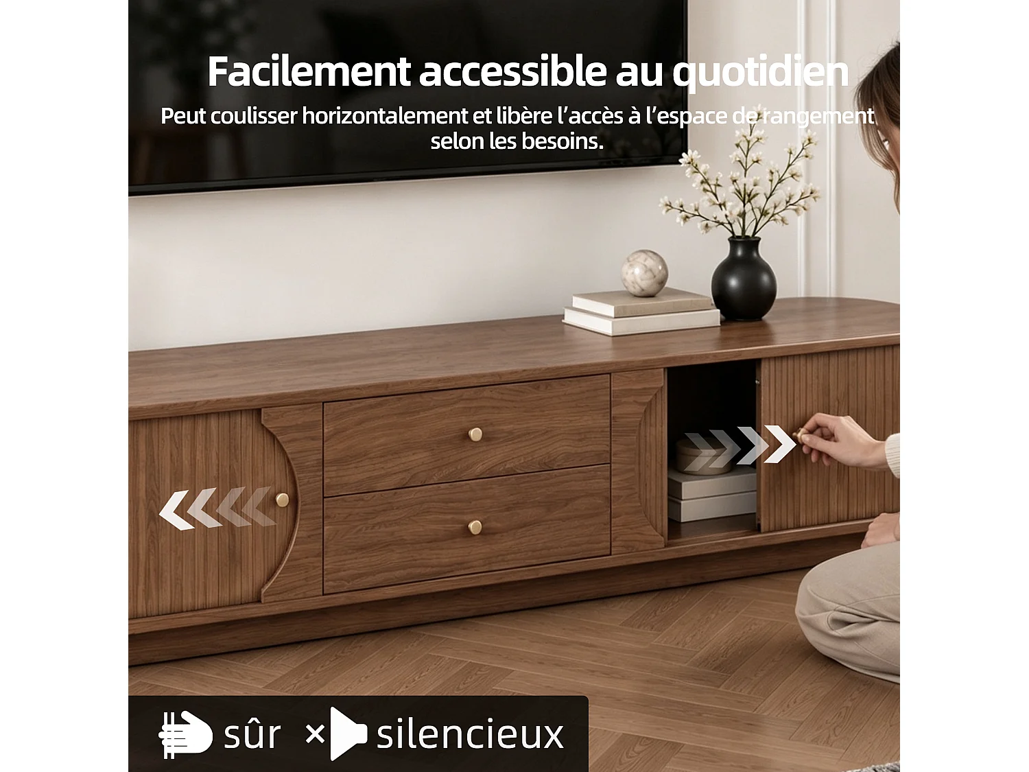 Meuble TV 200 × 39 × 41,1 cm en MDF, avec 2 tiroirs, portes coulissantes incurvées et 2 rangements latéraux, meuble TV marron pour salon