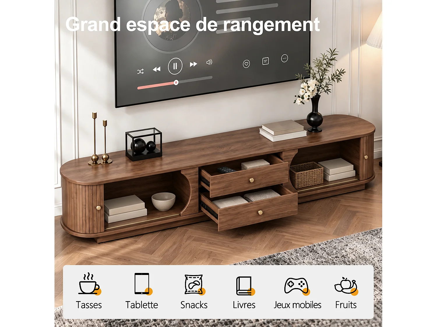 Meuble TV 200 × 39 × 41,1 cm en MDF, avec 2 tiroirs, portes coulissantes incurvées et 2 rangements latéraux, meuble TV marron pour salon