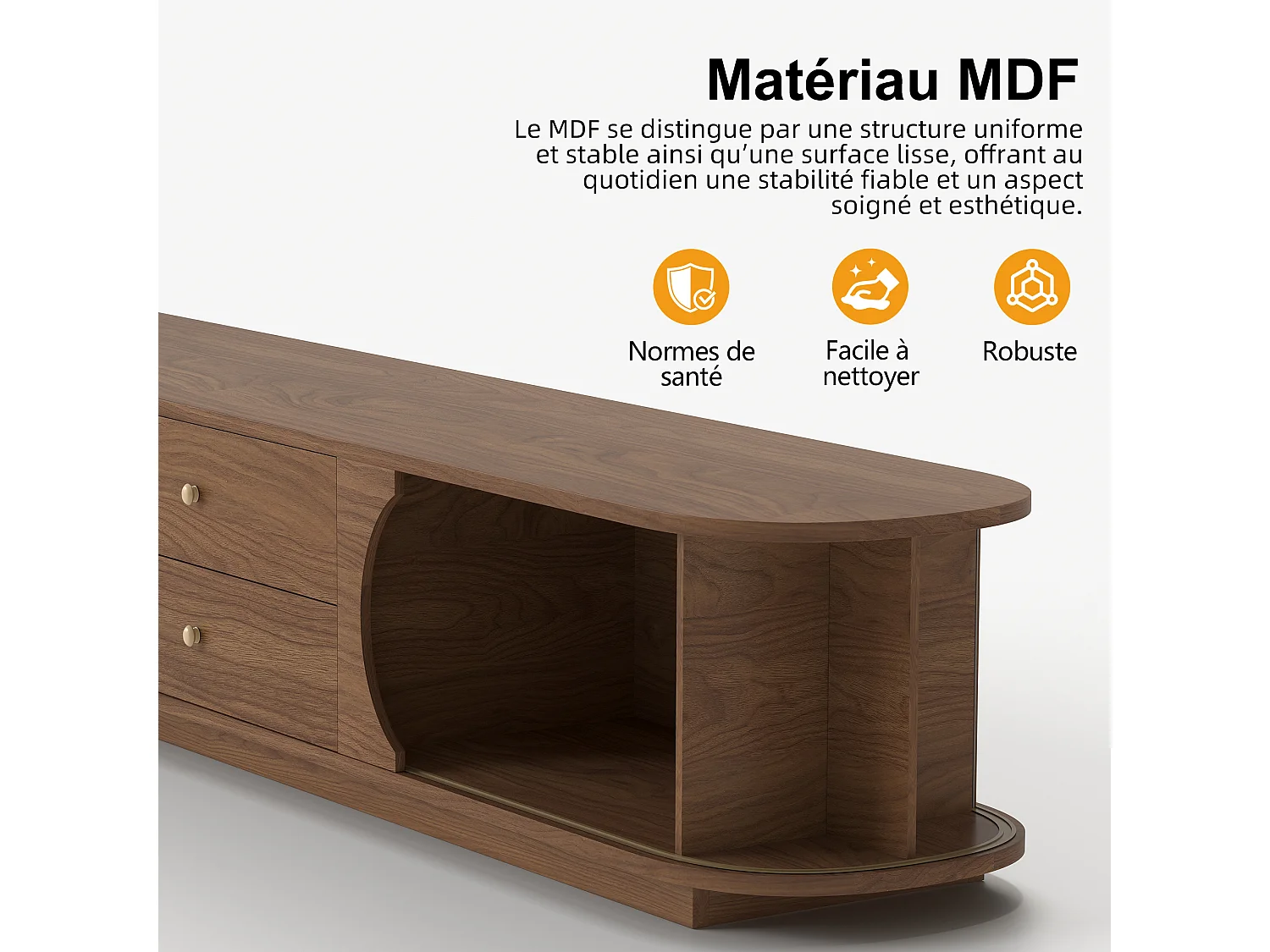 Meuble TV 200 × 39 × 41,1 cm en MDF, avec 2 tiroirs, portes coulissantes incurvées et 2 rangements latéraux, meuble TV marron pour salon