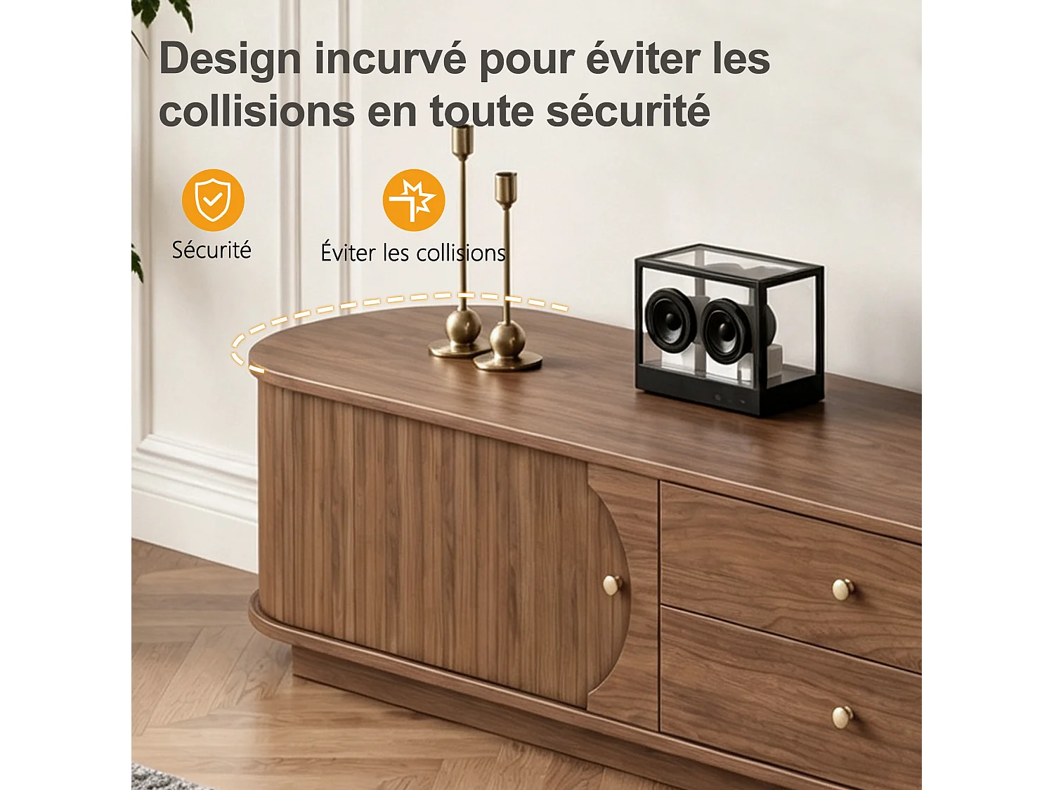 Meuble TV 200 × 39 × 41,1 cm en MDF, avec 2 tiroirs, portes coulissantes incurvées et 2 rangements latéraux, meuble TV marron pour salon