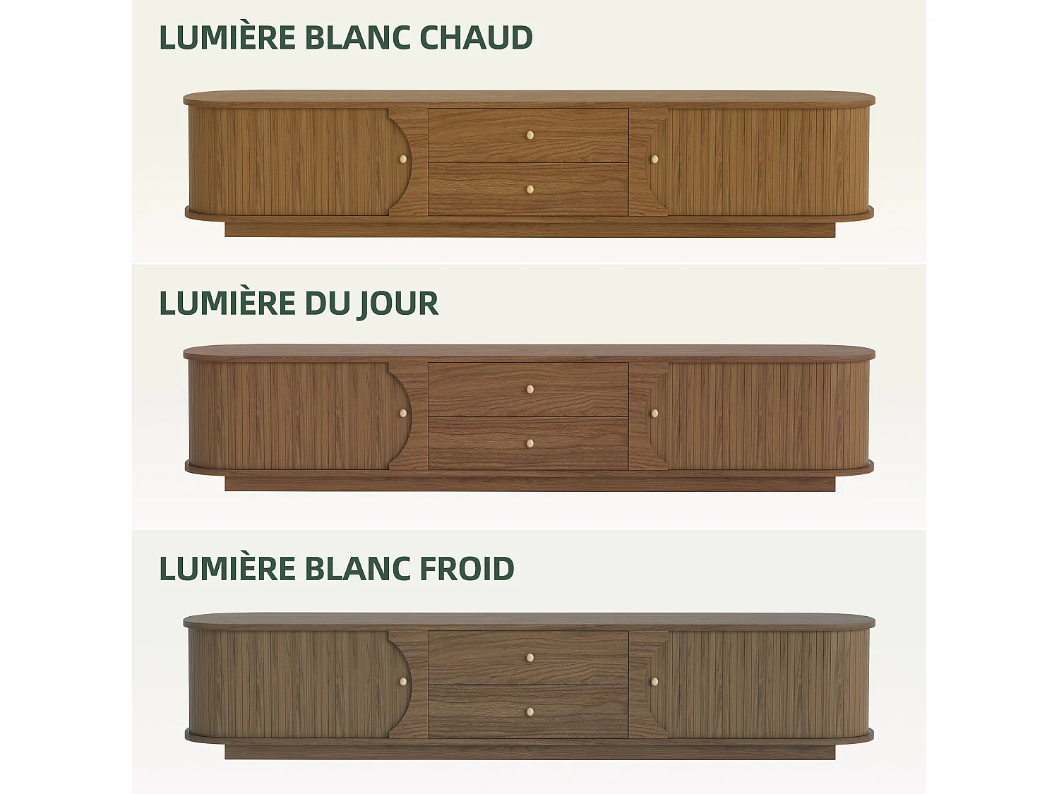 Meuble TV 200 × 39 × 41,1 cm en MDF, avec 2 tiroirs, portes coulissantes incurvées et 2 rangements latéraux, meuble TV marron pour salon