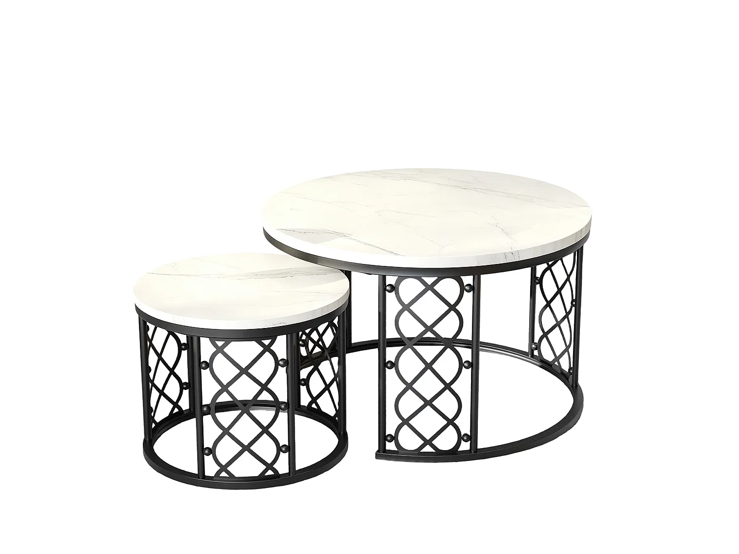Tables basses gigognes en MDF effet marbre blanc et métal doré, lot de 2
