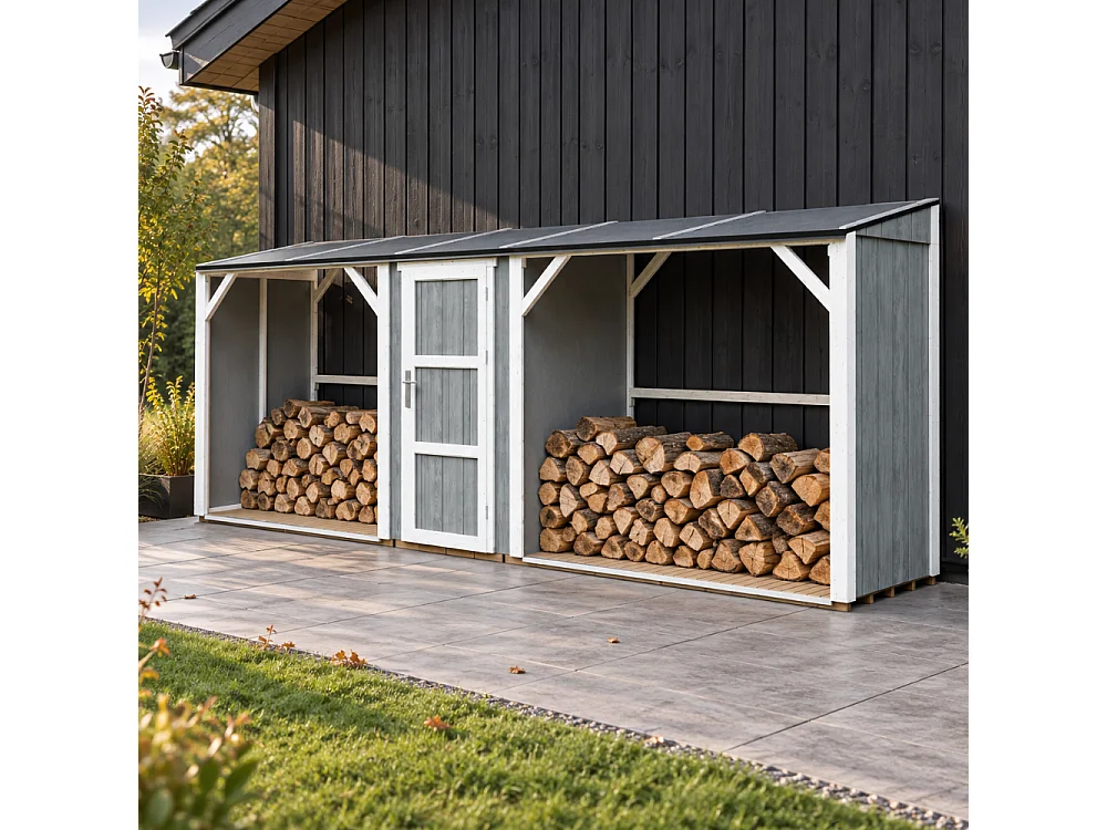 Abri à Bûches Double avec Remise - 6,49 m² - 556x120xH220 cm - Capacité totale de 8,8 m3 - M986-TUNDRA GREY