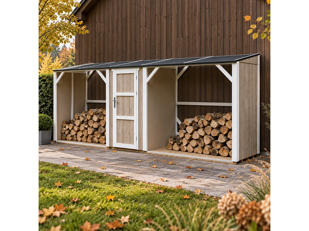 Abri à Bûches Double avec Remise - 6,49 m² - 556x120xH220 cm - Capacité totale de 8,8 m3 - M986-TERRA BROWN