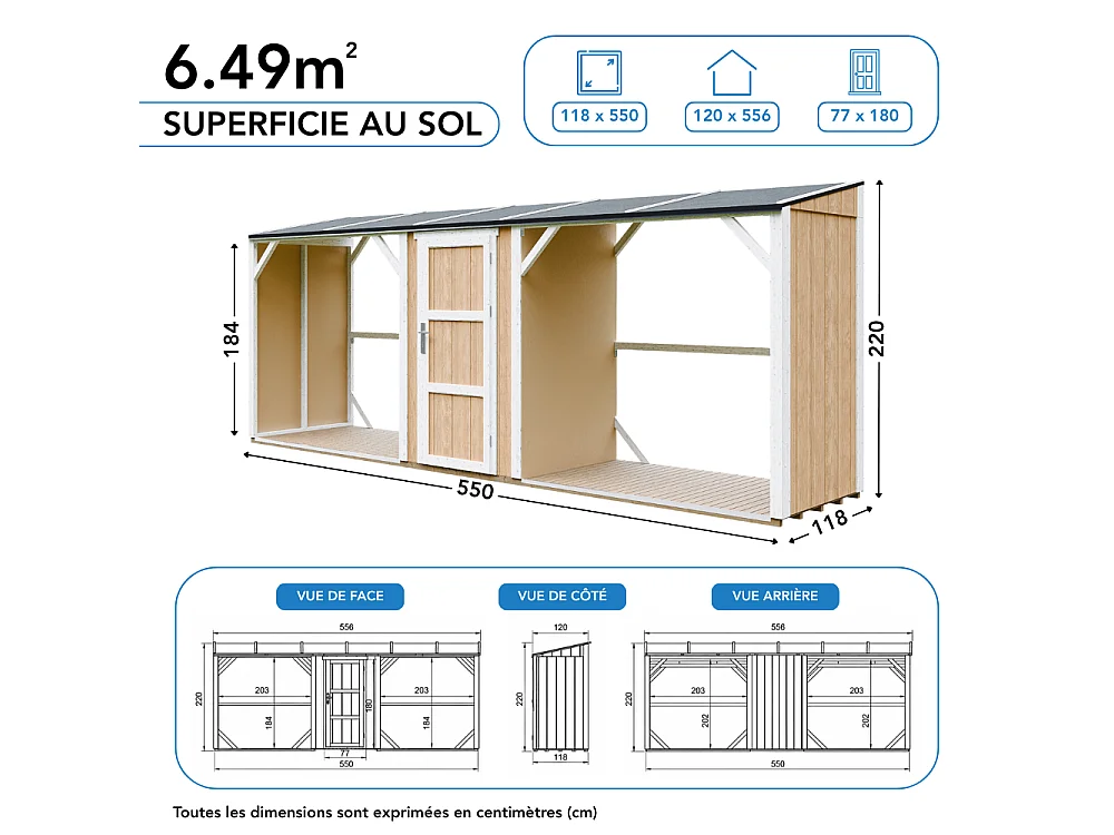 Abri à Bûches Double avec Remise - 6,49 m² - 556x120xH220 cm - Capacité totale de 8,8 m3 - M986-TERRA BROWN
