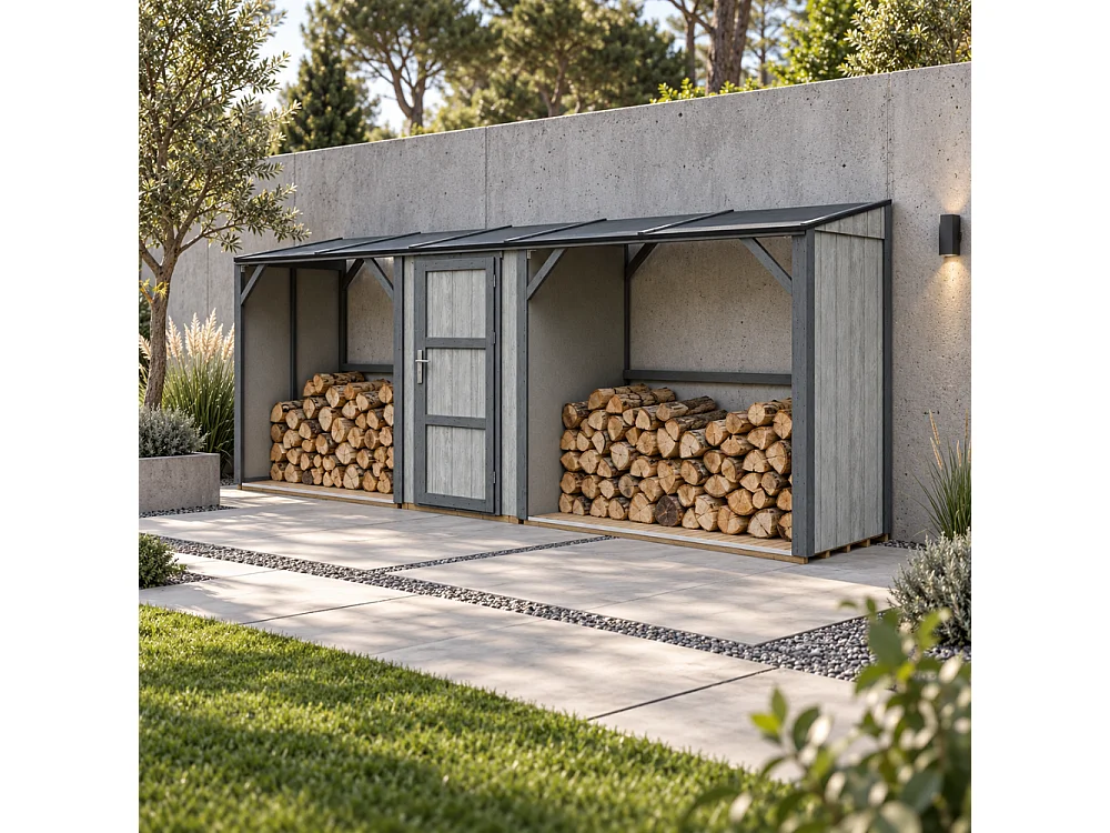 Abri à Bûches Double avec Remise - 6,49 m² - 556x120xH220 cm - Capacité totale de 8,8 m3 - M986