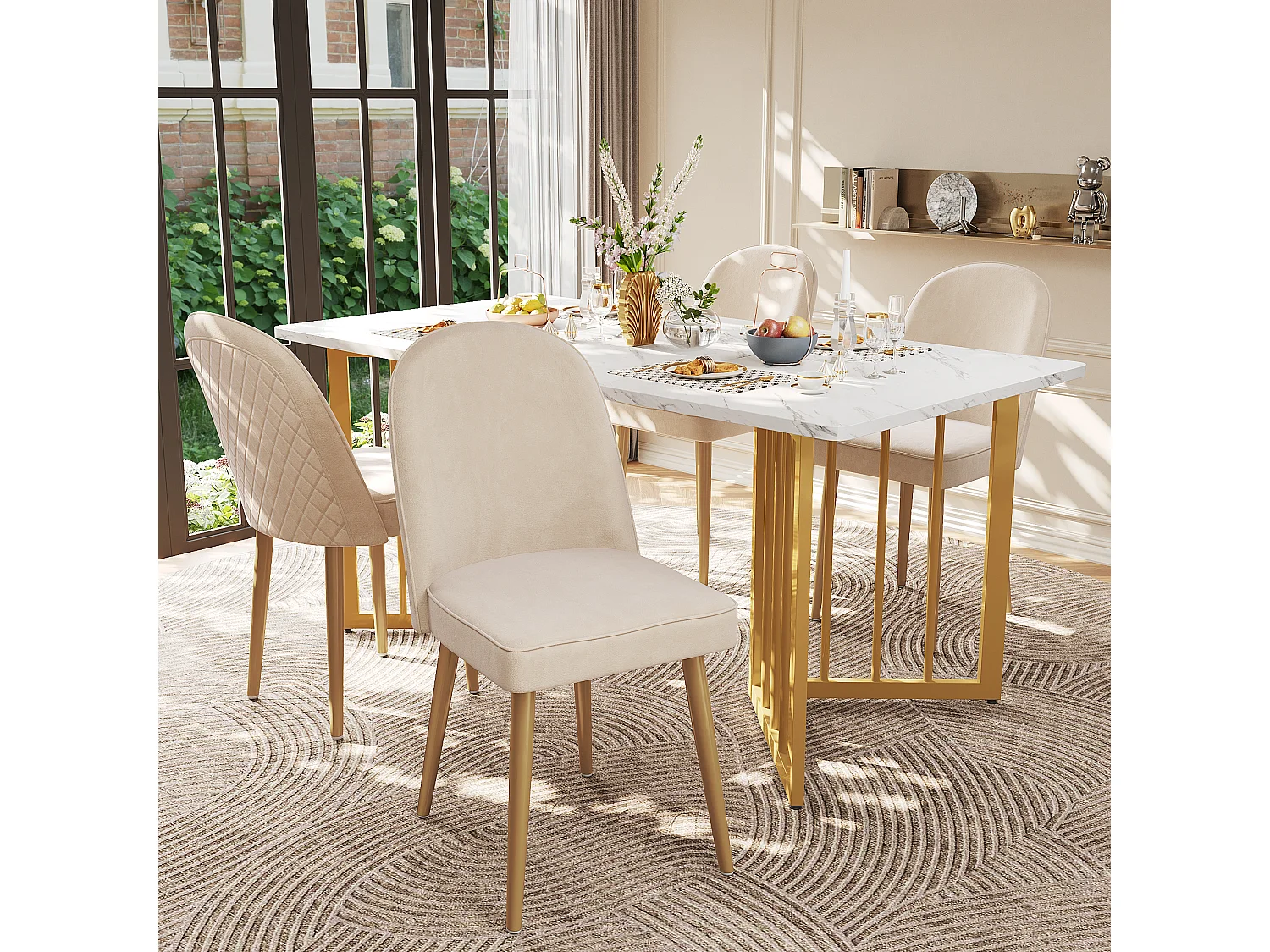 Lot de 2 Chaises de Salle à Manger en Velours Beige, Pieds Métal Doré, Confortable et Moderne, Idéal pour Salle à Manger