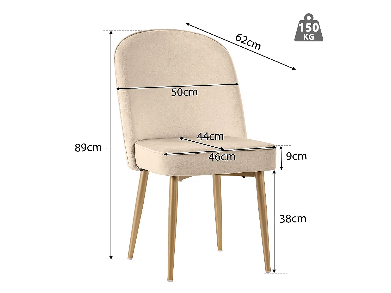 Lot de 2 Chaises de Salle à Manger en Velours Beige, Pieds Métal Doré, Confortable et Moderne, Idéal pour Salle à Manger