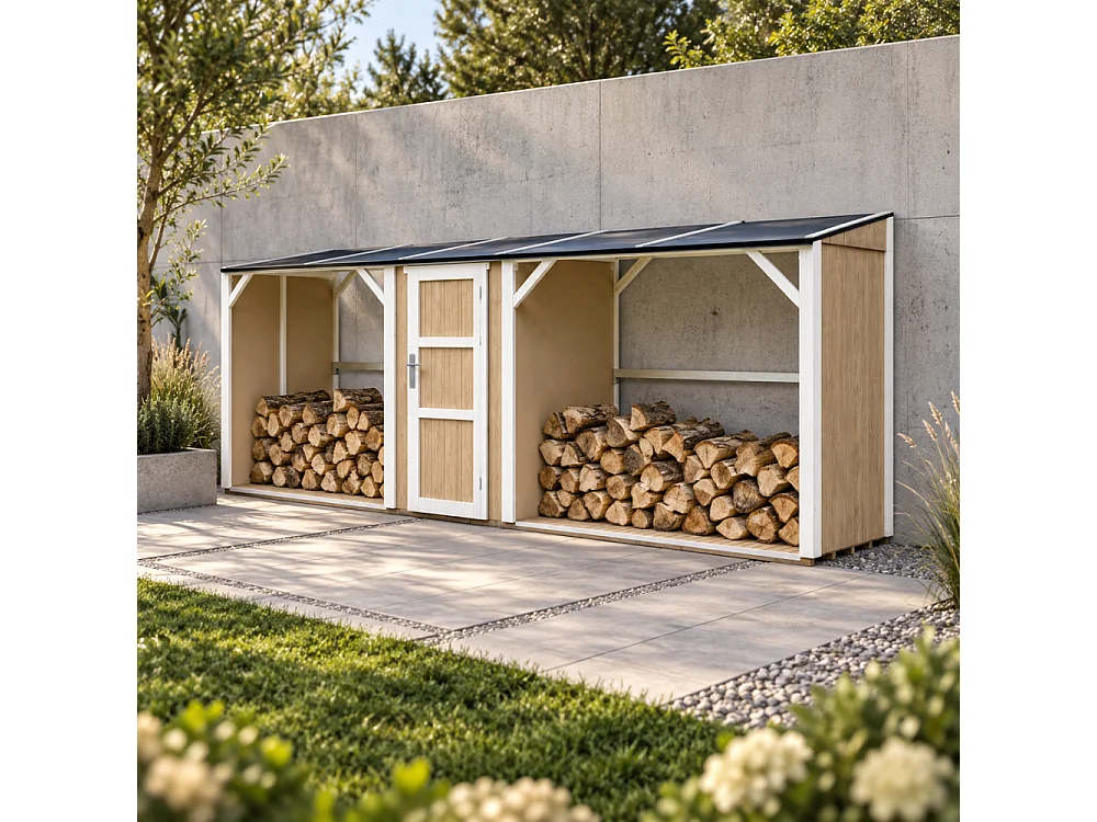 Abri à Bûches Double avec Remise - 6,49 m² - 556x120xH220 cm - Capacité totale de 8,8 m3 - M986-HARVEST HONEY