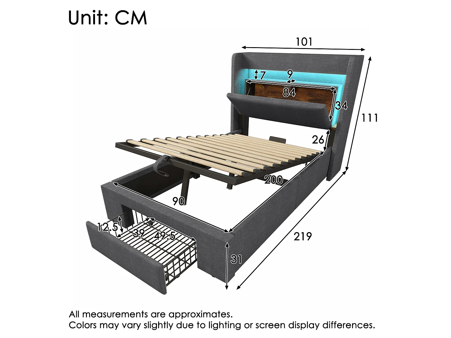 Lit coffre 90/200 cm avec LED, ports USB et USB-C, tiroir et tête de lit de rangement Lin gris – Matelas inclus