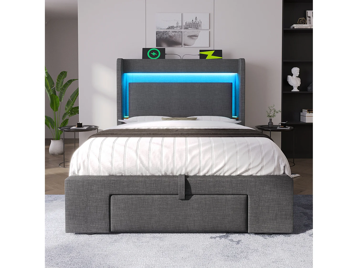 Lit coffre 90/200 cm avec LED, ports USB et USB-C, tiroir et tête de lit de rangement Lin gris – Matelas inclus