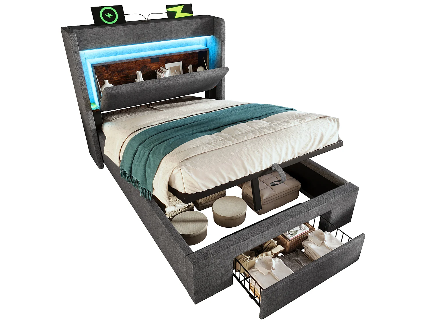 Lit coffre 90/200 cm avec LED, ports USB et USB-C, tiroir et tête de lit de rangement Lin gris – Matelas inclus