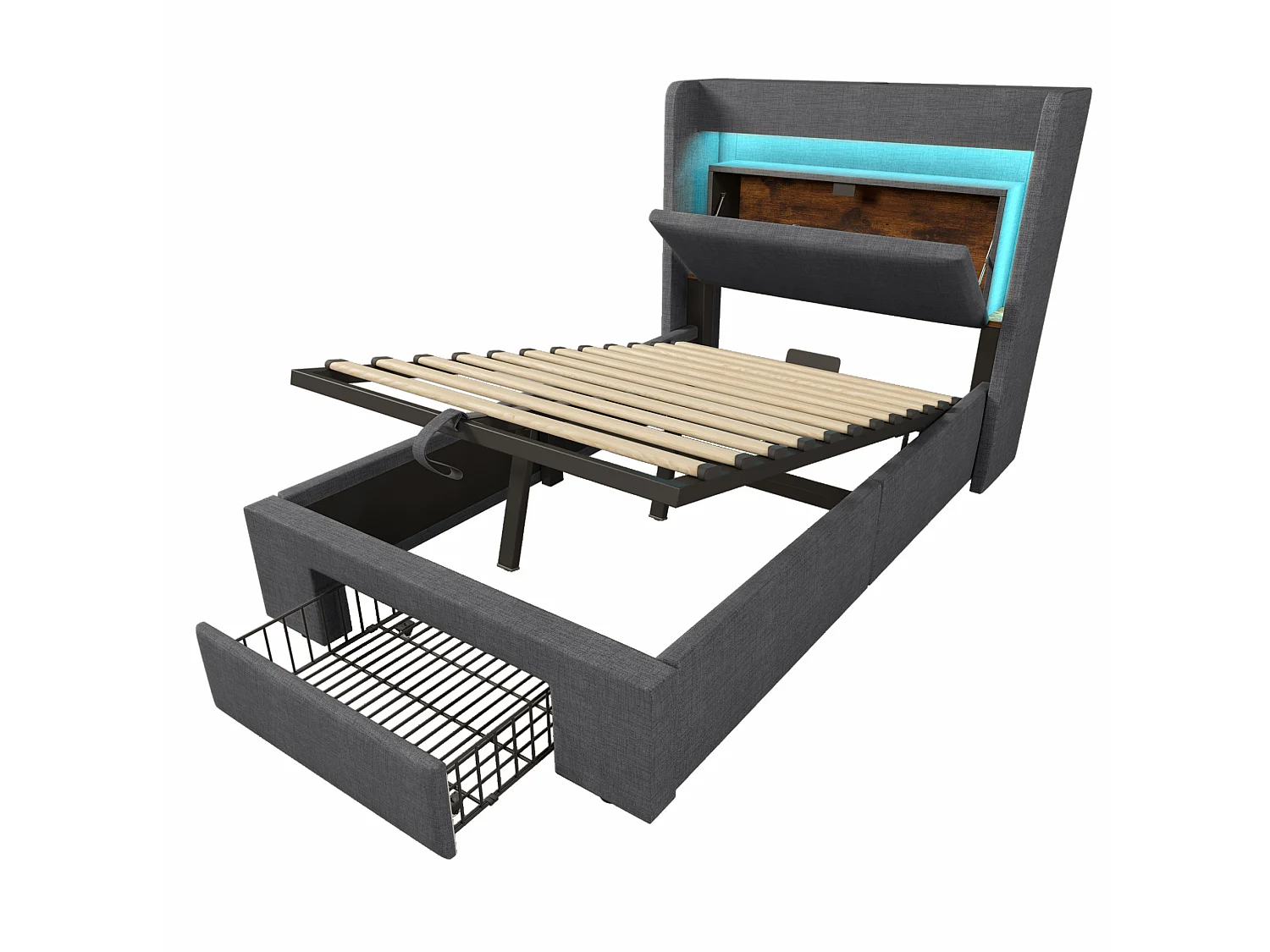 Lit coffre 90/200 cm avec LED, ports USB et USB-C, tiroir et tête de lit de rangement Lin gris – Matelas inclus