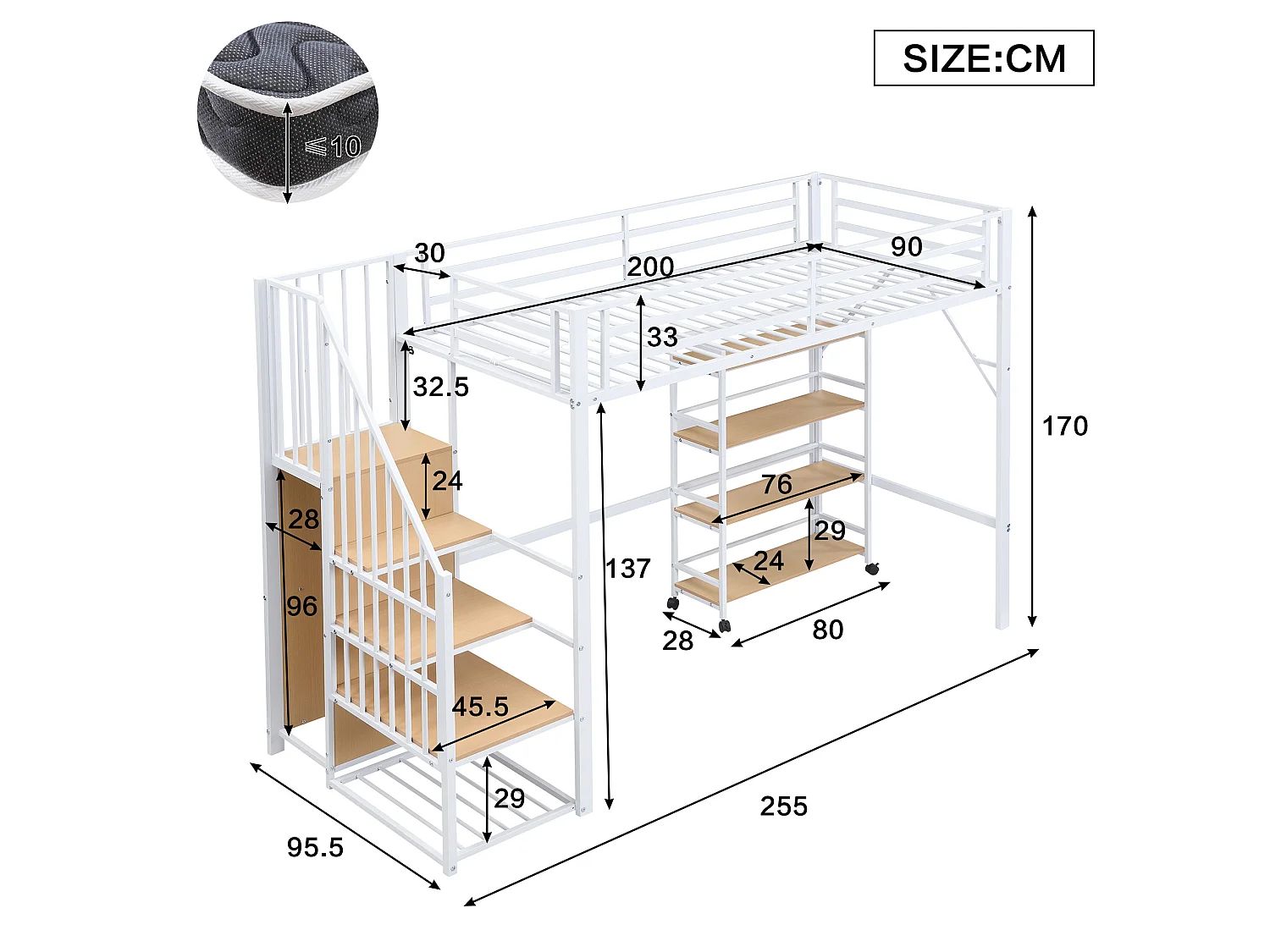 Lit mezzanine 90/200 cm avec garde-corps et rangement Métal et bois blanc et naturel – Matelas non inclus