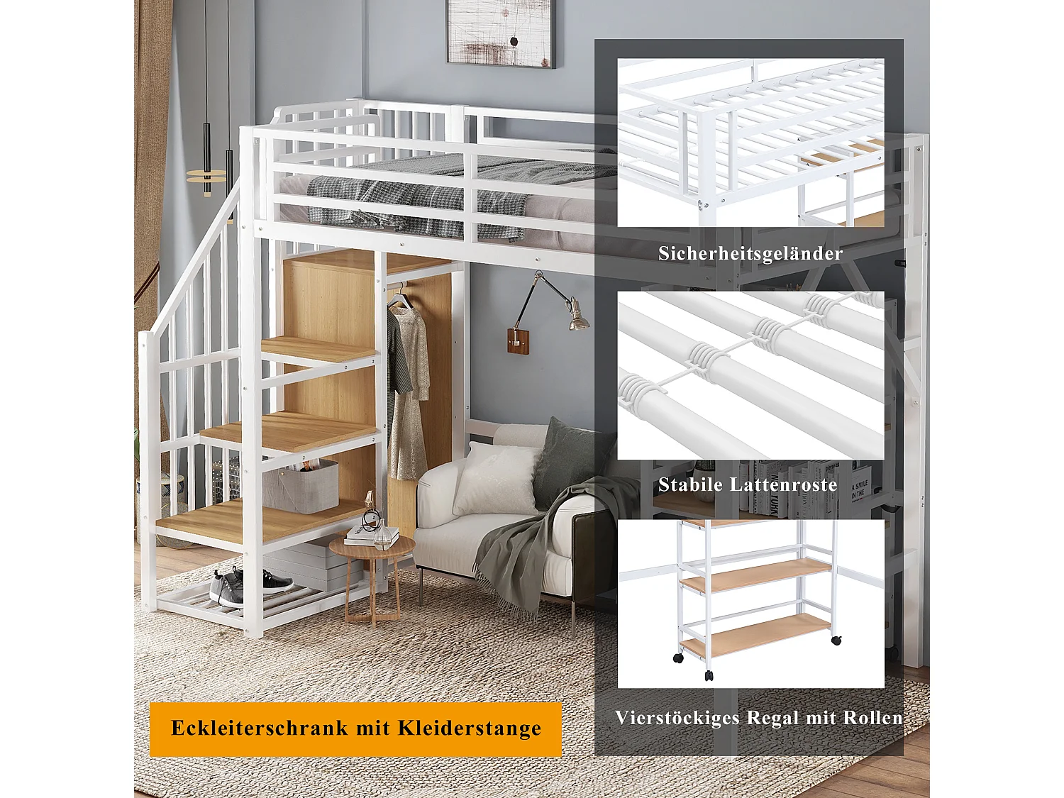 Lit mezzanine 90/200 cm avec garde-corps et rangement Métal et bois blanc et naturel – Matelas non inclus