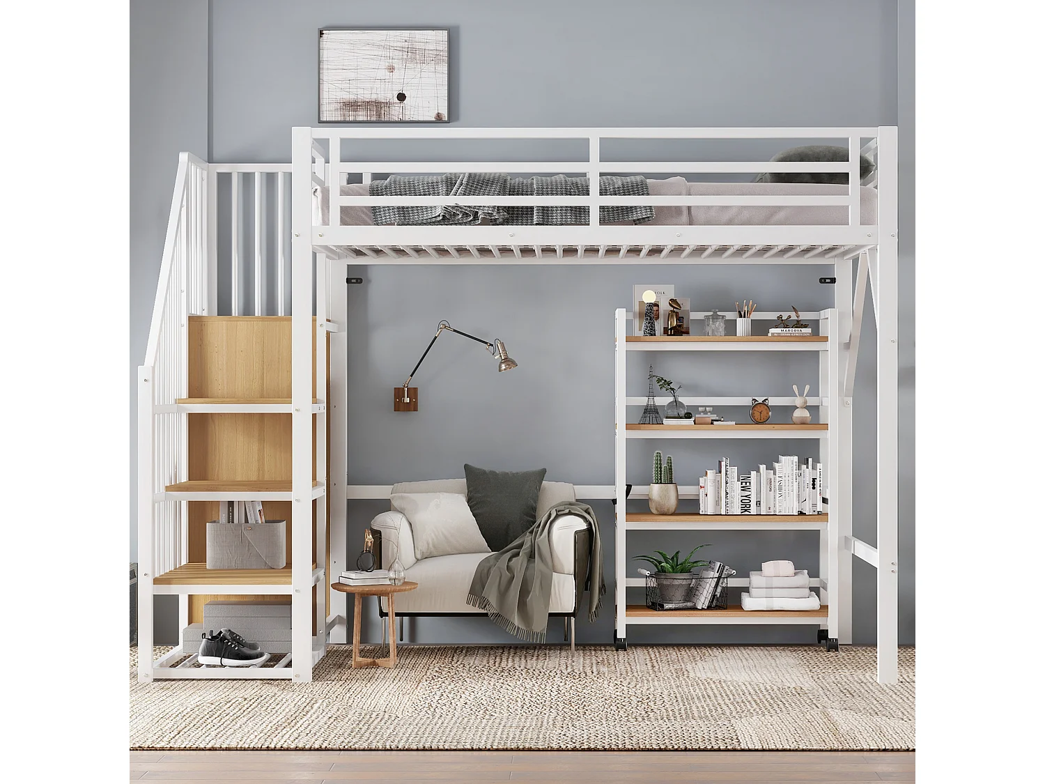 Lit mezzanine 90/200 cm avec garde-corps et rangement Métal et bois blanc et naturel – Matelas non inclus