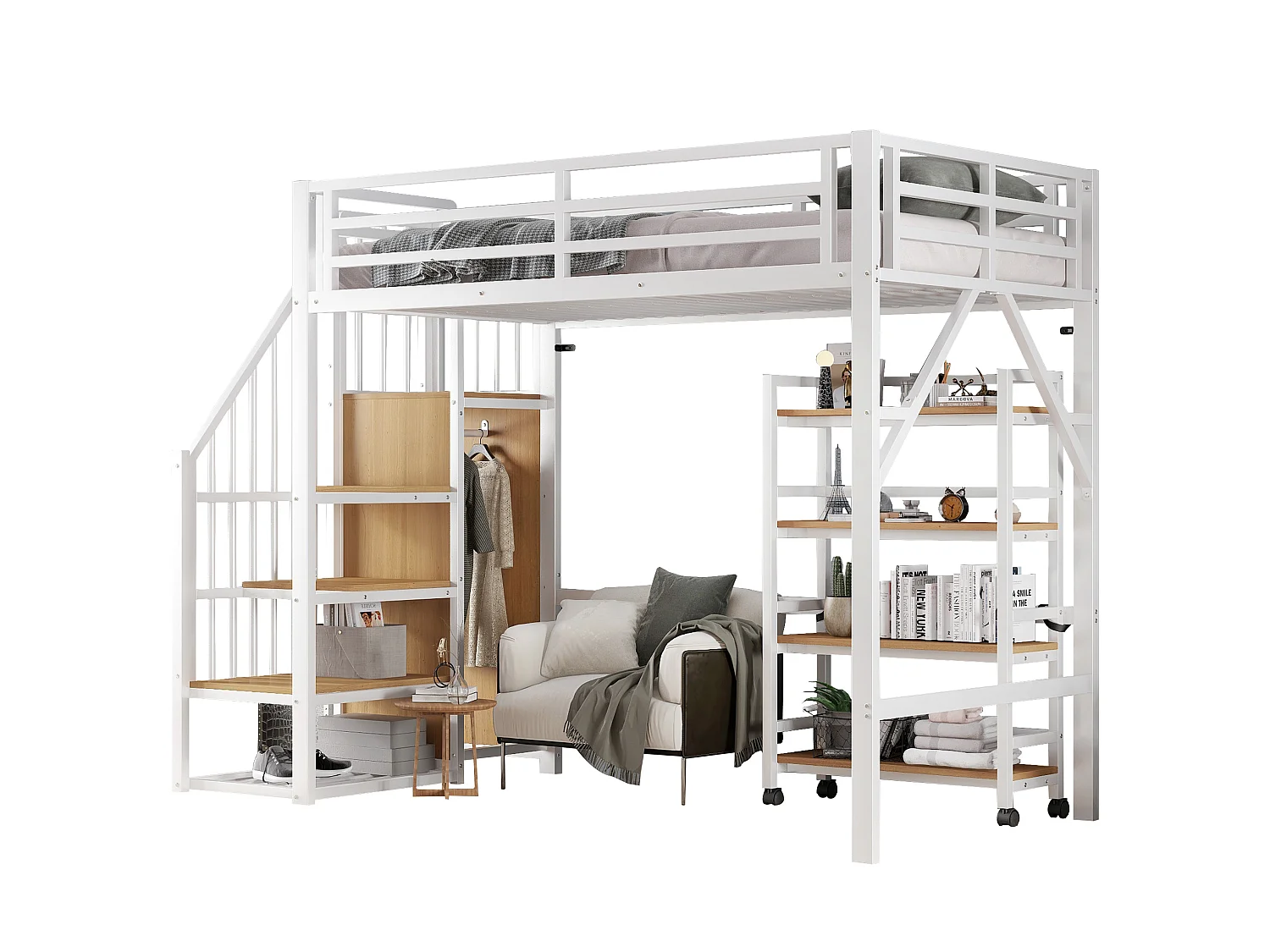 Lit mezzanine 90/200 cm avec garde-corps et rangement Métal et bois blanc et naturel – Matelas non inclus