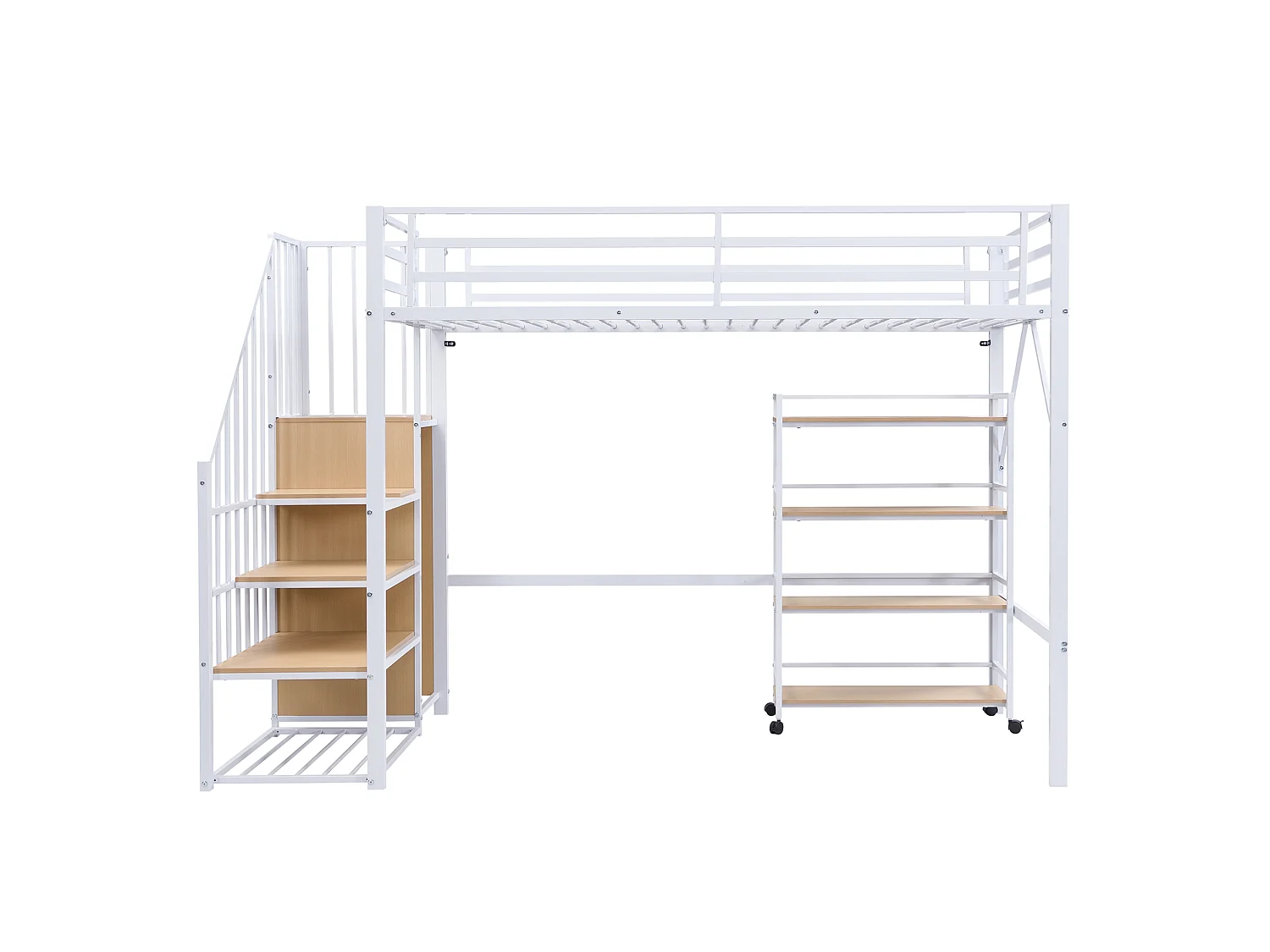 Lit mezzanine 90/200 cm avec garde-corps et rangement Métal et bois blanc et naturel – Matelas non inclus