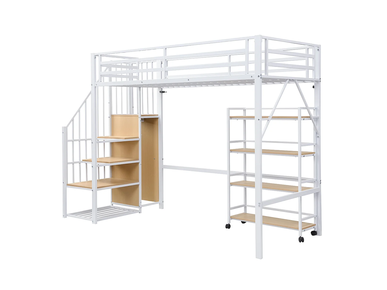 Lit mezzanine 90/200 cm avec garde-corps et rangement Métal et bois blanc et naturel – Matelas non inclus