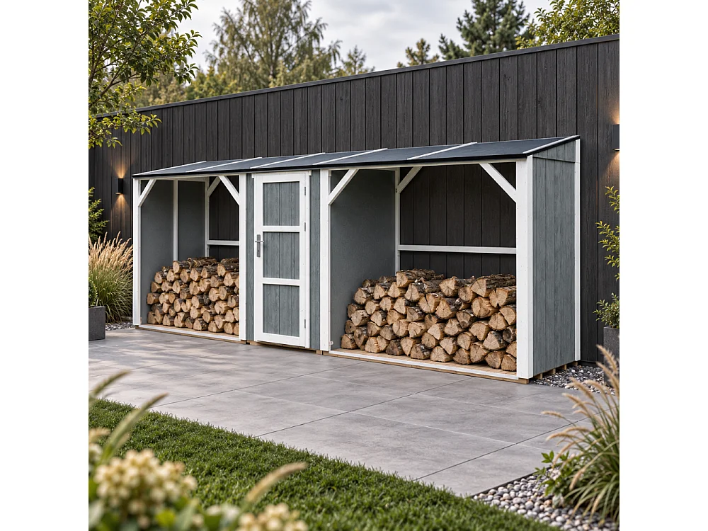 Abri à Bûches Double avec Remise - 6,49 m² - 556x120xH220 cm - Capacité totale de 8,8 m3 - M986-CAVERN STEEL