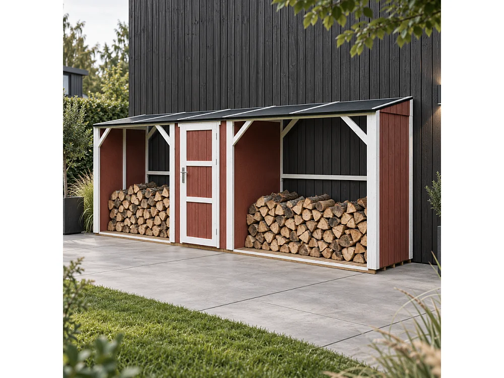 Abri à Bûches Double avec Remise - 6,49 m² - 556x120xH220 cm - Capacité totale de 8,8 m3 - M986-REDWOOD RED