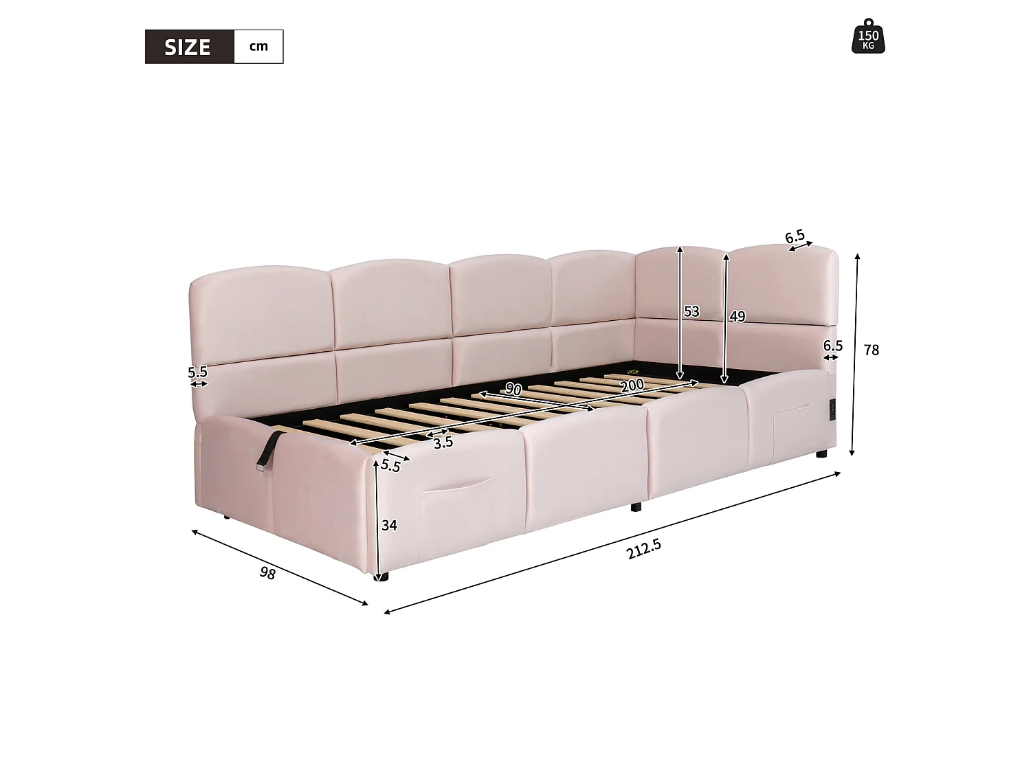Lit banquette 90/200 cm avec rangement hydraulique et ports USB Velours rose – Matelas non inclus