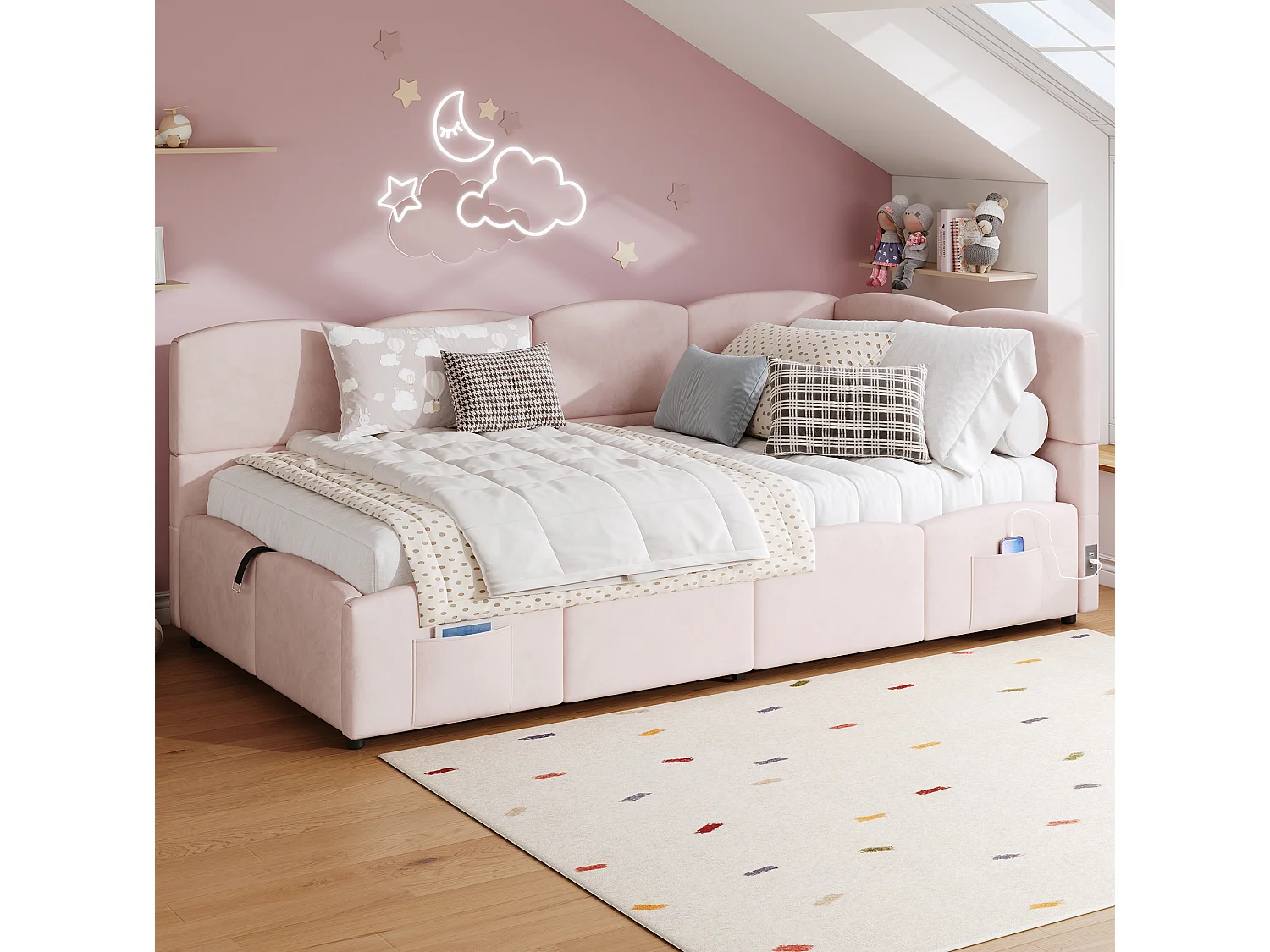 Lit banquette 90/200 cm avec rangement hydraulique et ports USB Velours rose – Matelas non inclus