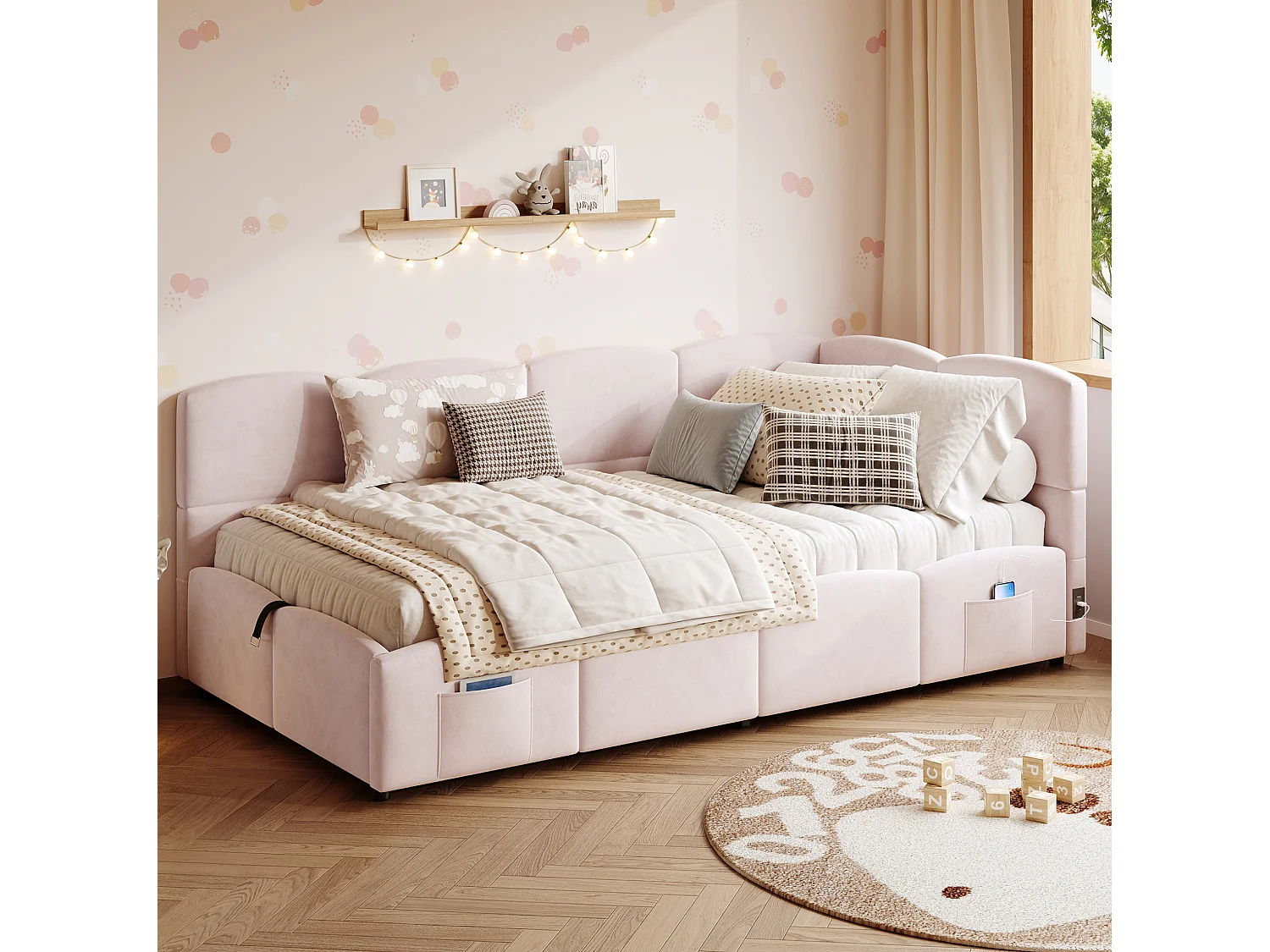 Lit banquette 90/200 cm avec rangement hydraulique et ports USB Velours rose – Matelas non inclus