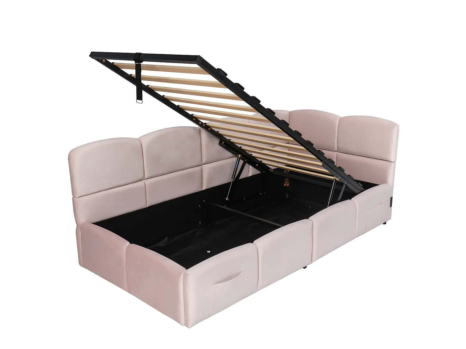 Lit banquette 90/200 cm avec rangement hydraulique et ports USB Velours rose – Matelas non inclus