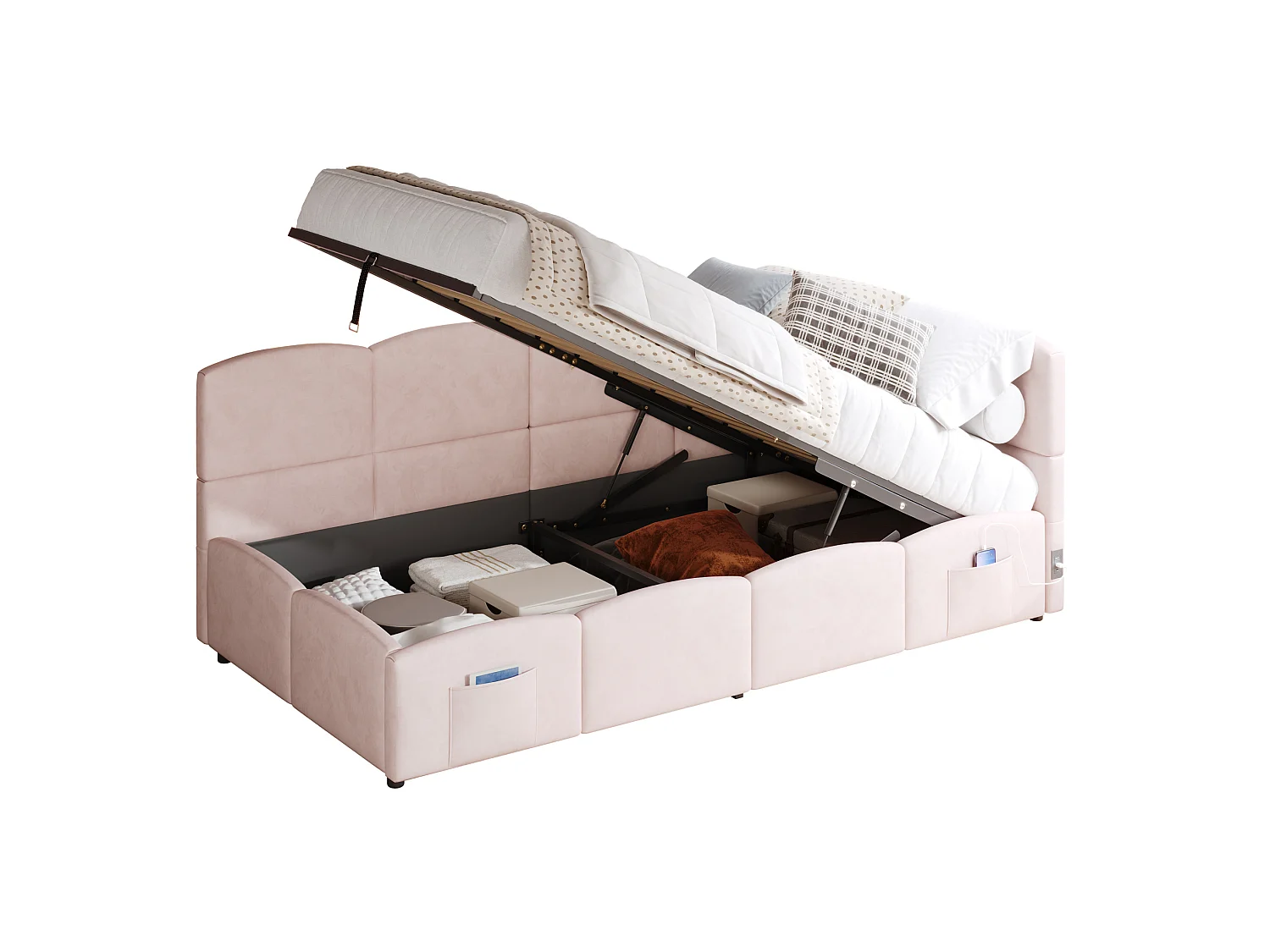 Lit banquette 90/200 cm avec rangement hydraulique et ports USB Velours rose – Matelas non inclus