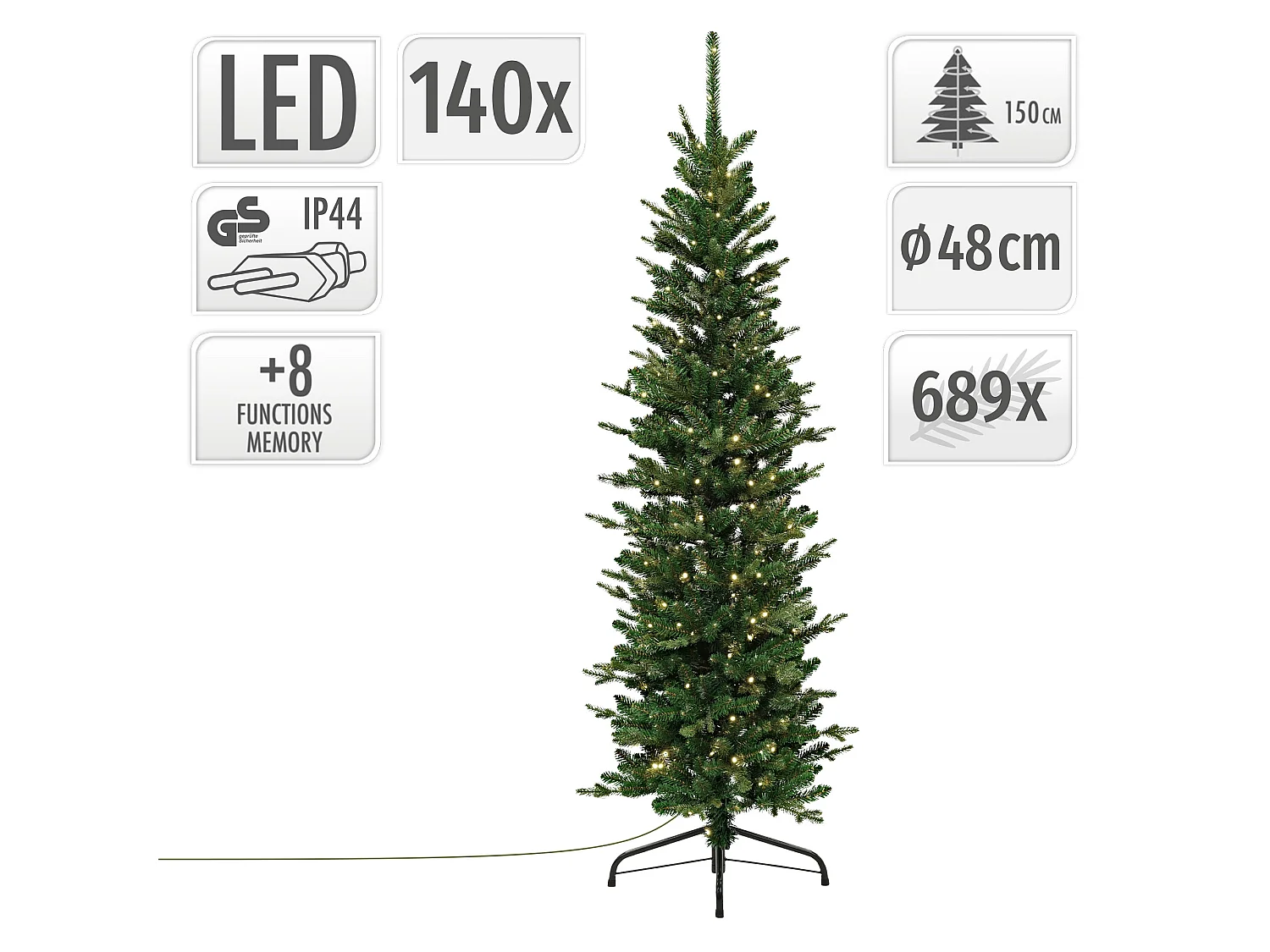 ECD Germany Albero di Natale Slim Artificiale 150 cm con 140 LED Decorazioni Natalizie Albero Verde Realistico per Interni con Base Stabile e 689 Rami
