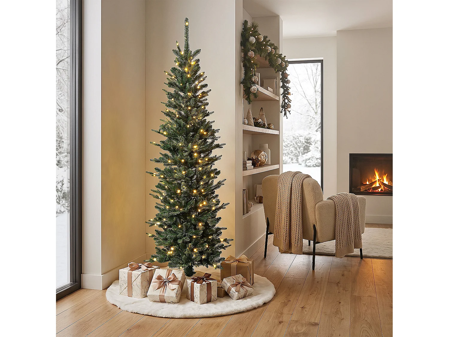 ECD Germany Albero di Natale Slim Artificiale 150 cm con 140 LED Decorazioni Natalizie Albero Verde Realistico per Interni con Base Stabile e 689 Rami