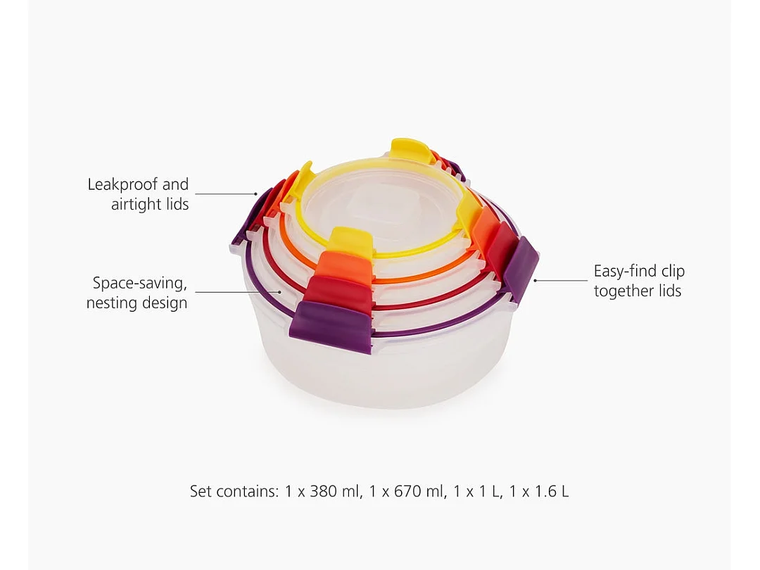 Nest Lock™ Joseph Joseph, lot de 4 contenants ronds hermétiques et empilables, multicolores, compatibles micro-ondes et congélateur.
