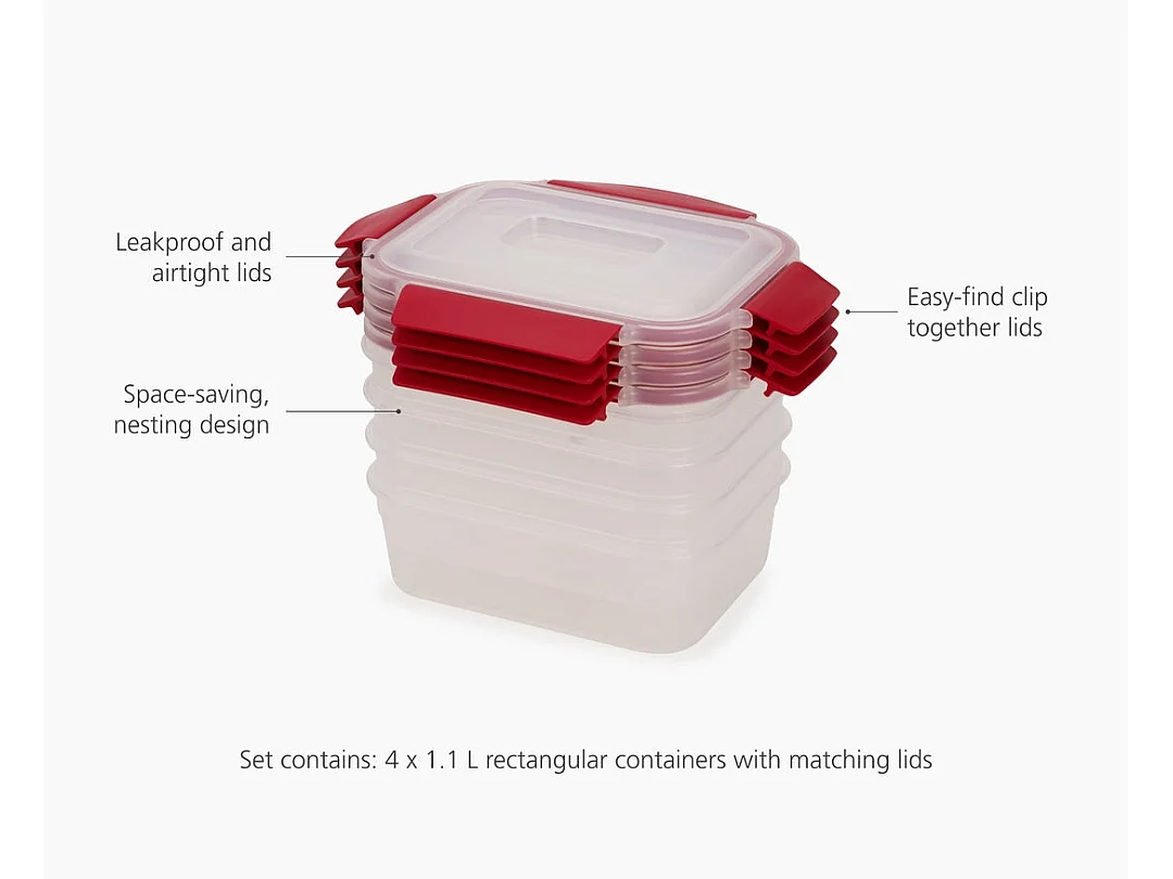 Nest Lock™ 4-Piece Joseph Joseph, set van 1.1L stapelbare, luchtdichte, lekvrije bakjes, geschikt voor magnetron en vriezer, rood