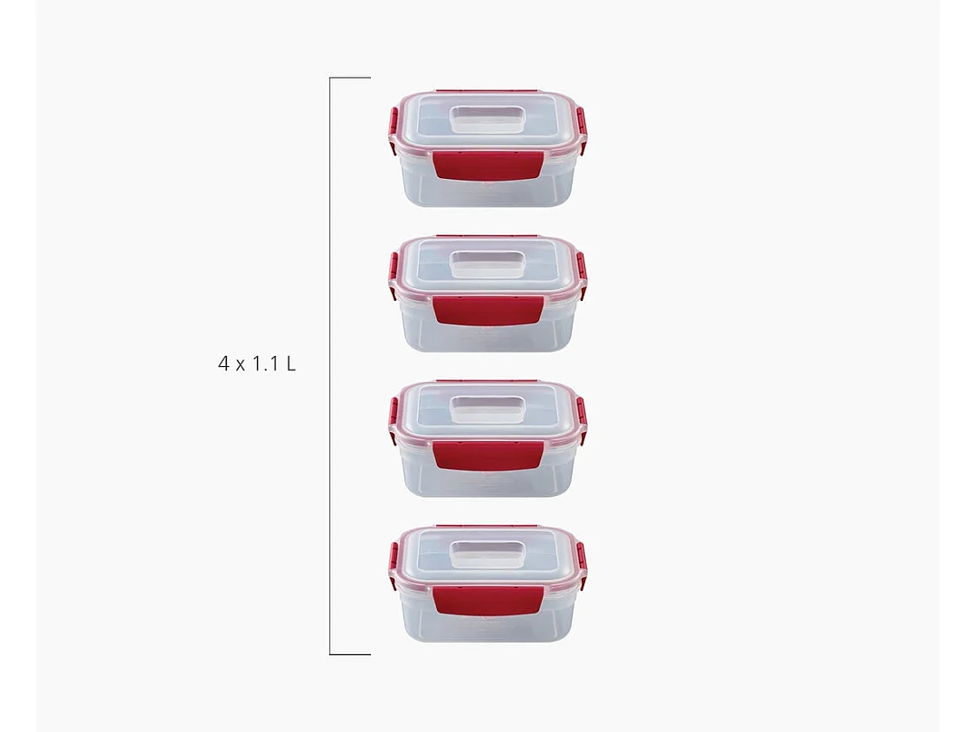 Nest Lock™ 4-Piece Joseph Joseph, set van 1.1L stapelbare, luchtdichte, lekvrije bakjes, geschikt voor magnetron en vriezer, rood