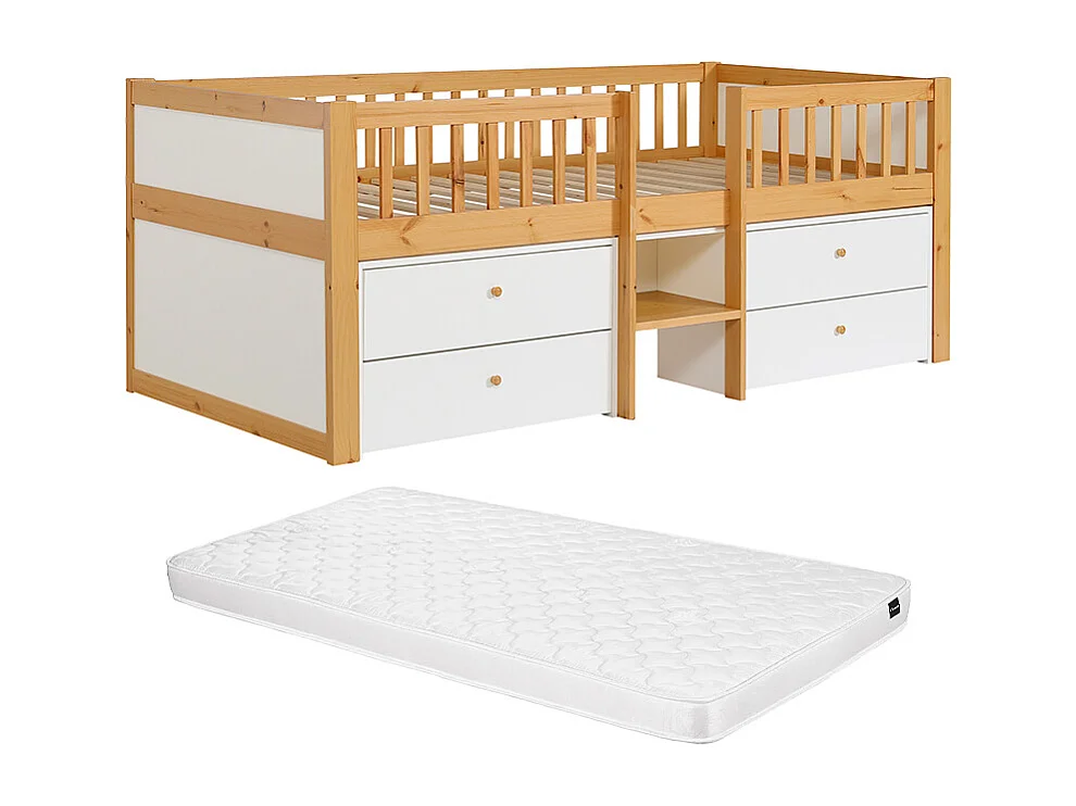 Lit 90 x 200 cm avec rangement – Coloris : Naturel et blanc + Matelas - ZALERIO