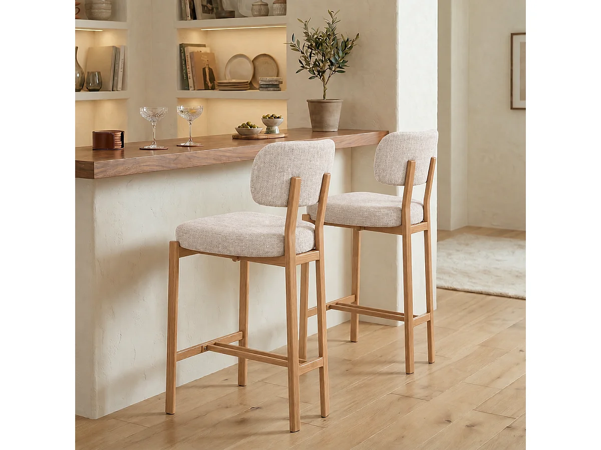 Lot de 2 Tabourets tissu marron et pieds décor noyer H92 cm - MARLA