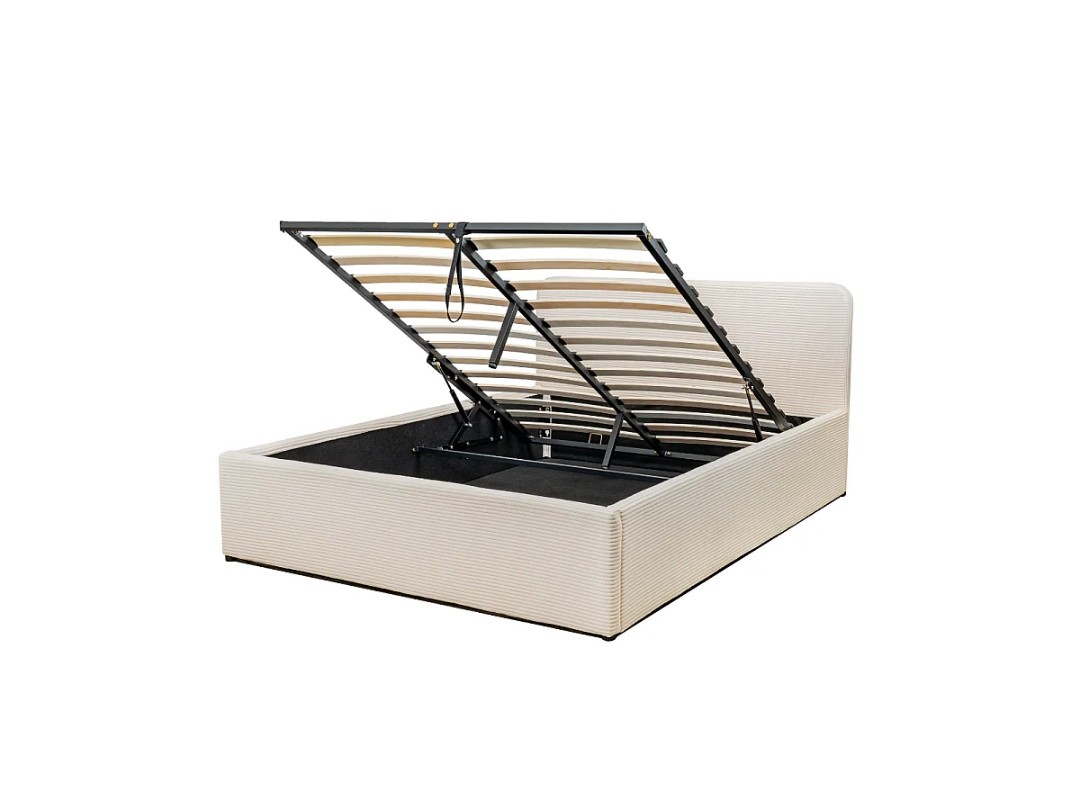 Lit coffre 160x200 cm en velours côtelé beige avec tête de lit et sommier - LIVY