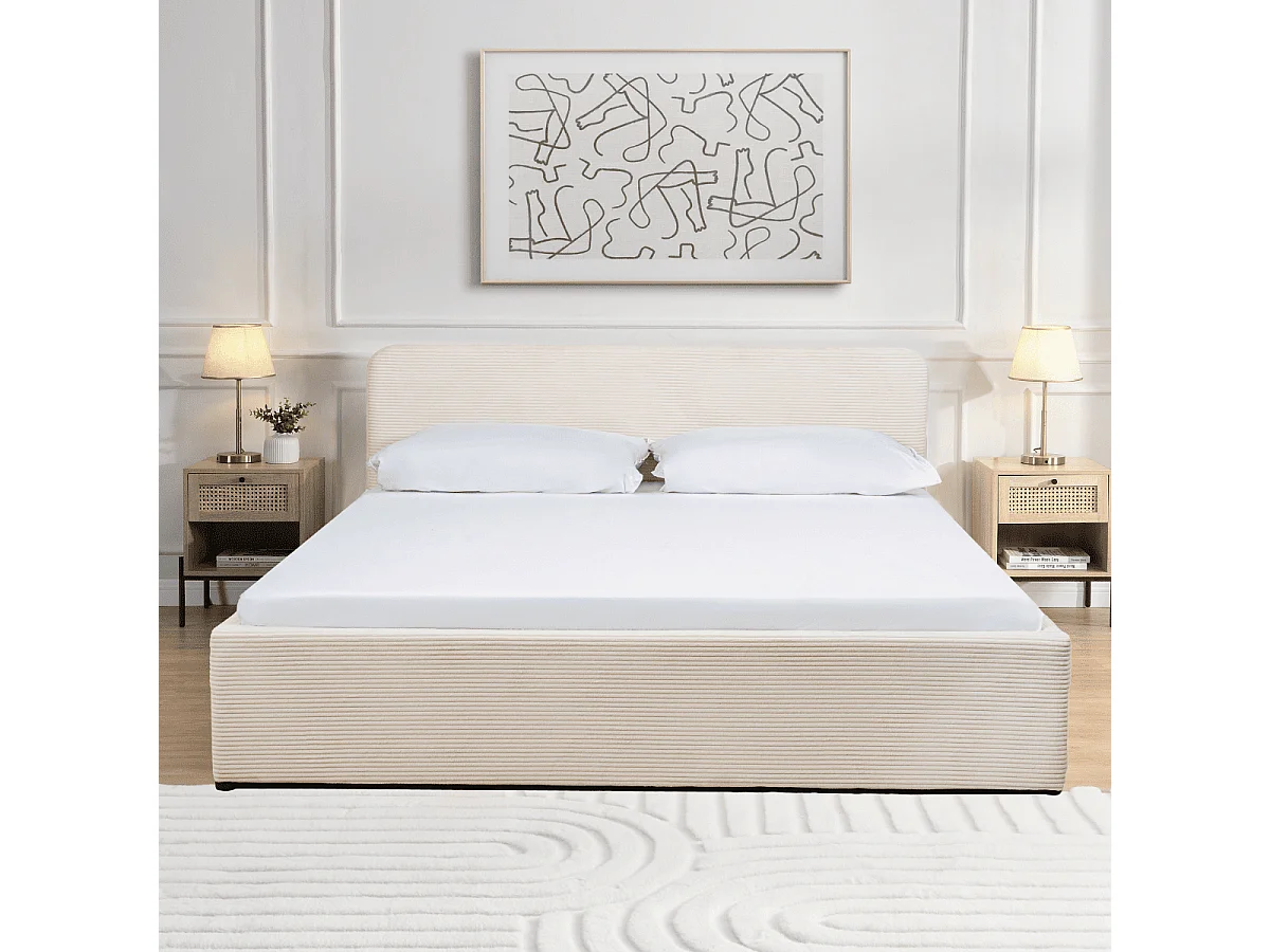 Lit coffre 160x200 cm en velours côtelé beige avec tête de lit et sommier - LIVY